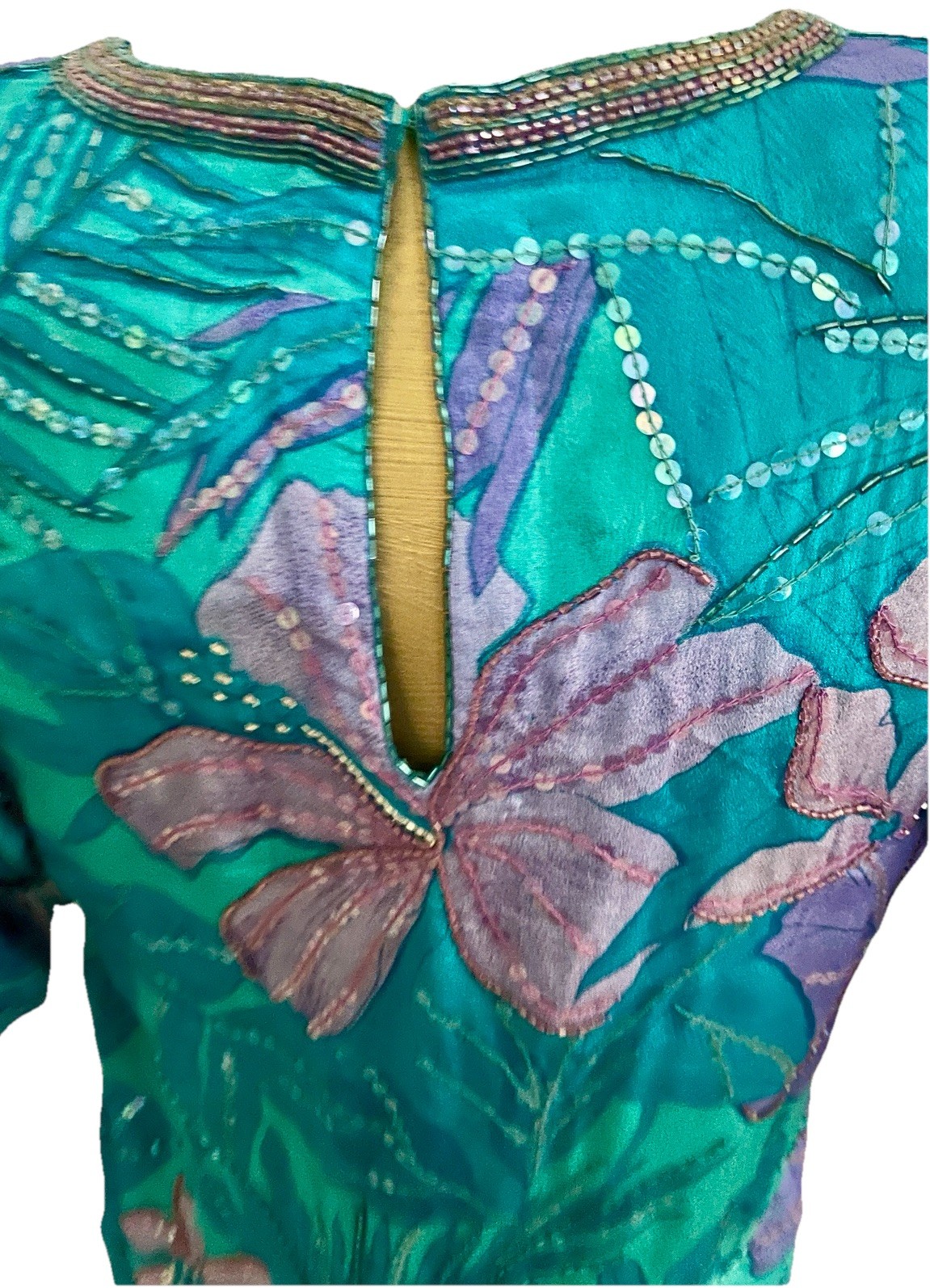 JUDITH ANN CREATIONS Vintage 80’s SILK Beaded TROPICAL Floral BLOUSE Size Small