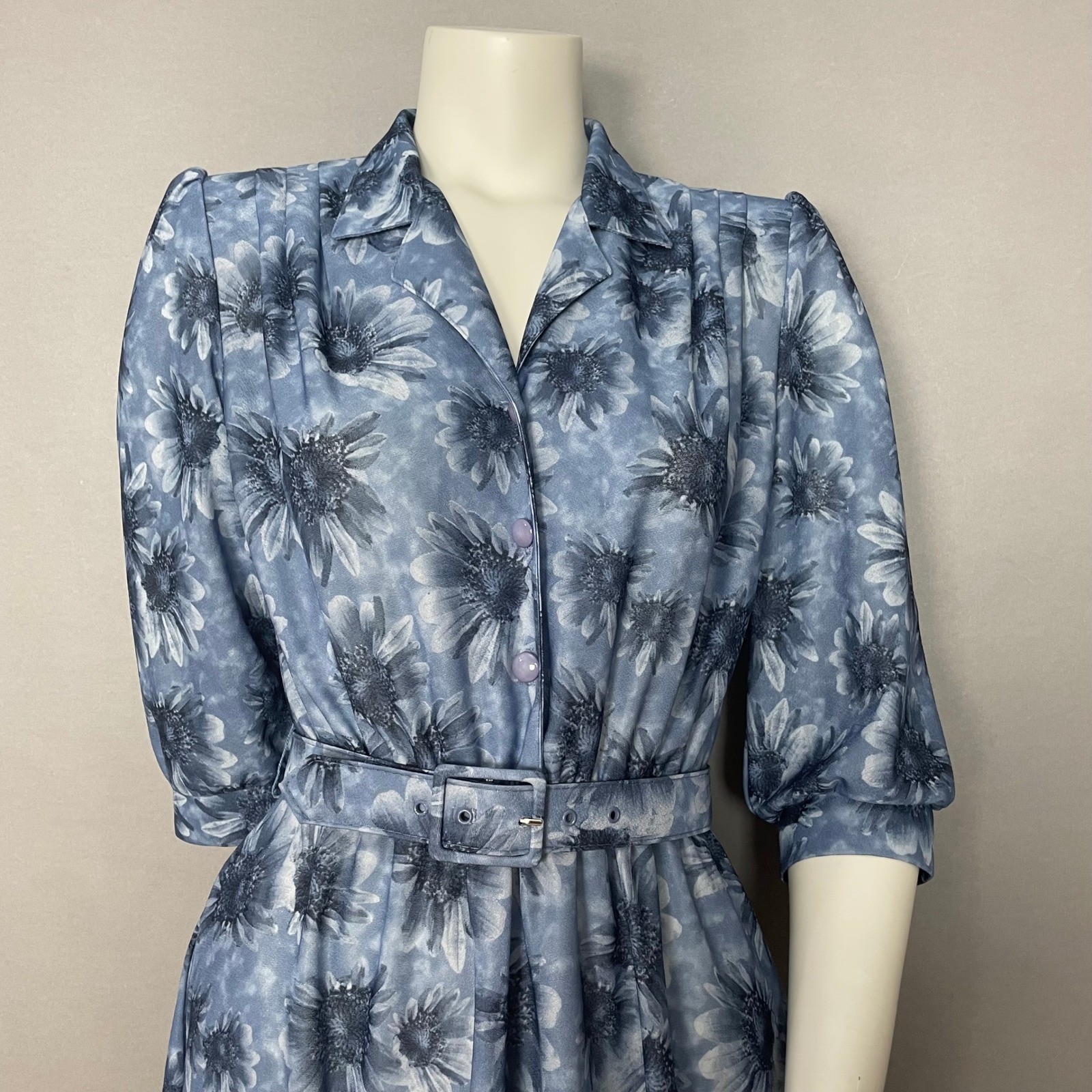 Vintage 80s Floral Dress Women Blue Belted Retro A-Line Belted Collared Eclectic