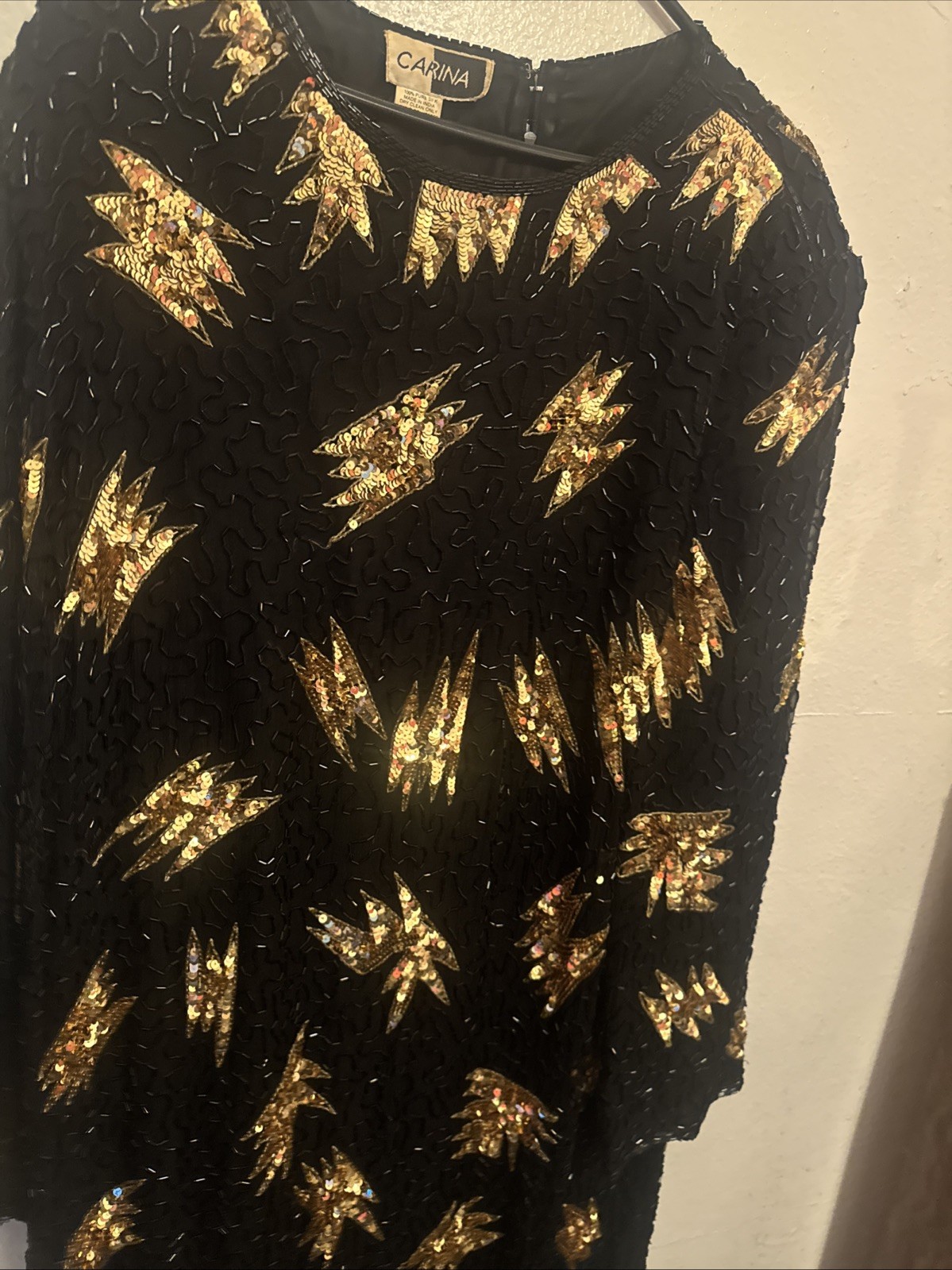 Vintage VTG 1980s 80s Carina Silk Black Beaded Gold Sequin Party Dress Sz 2X