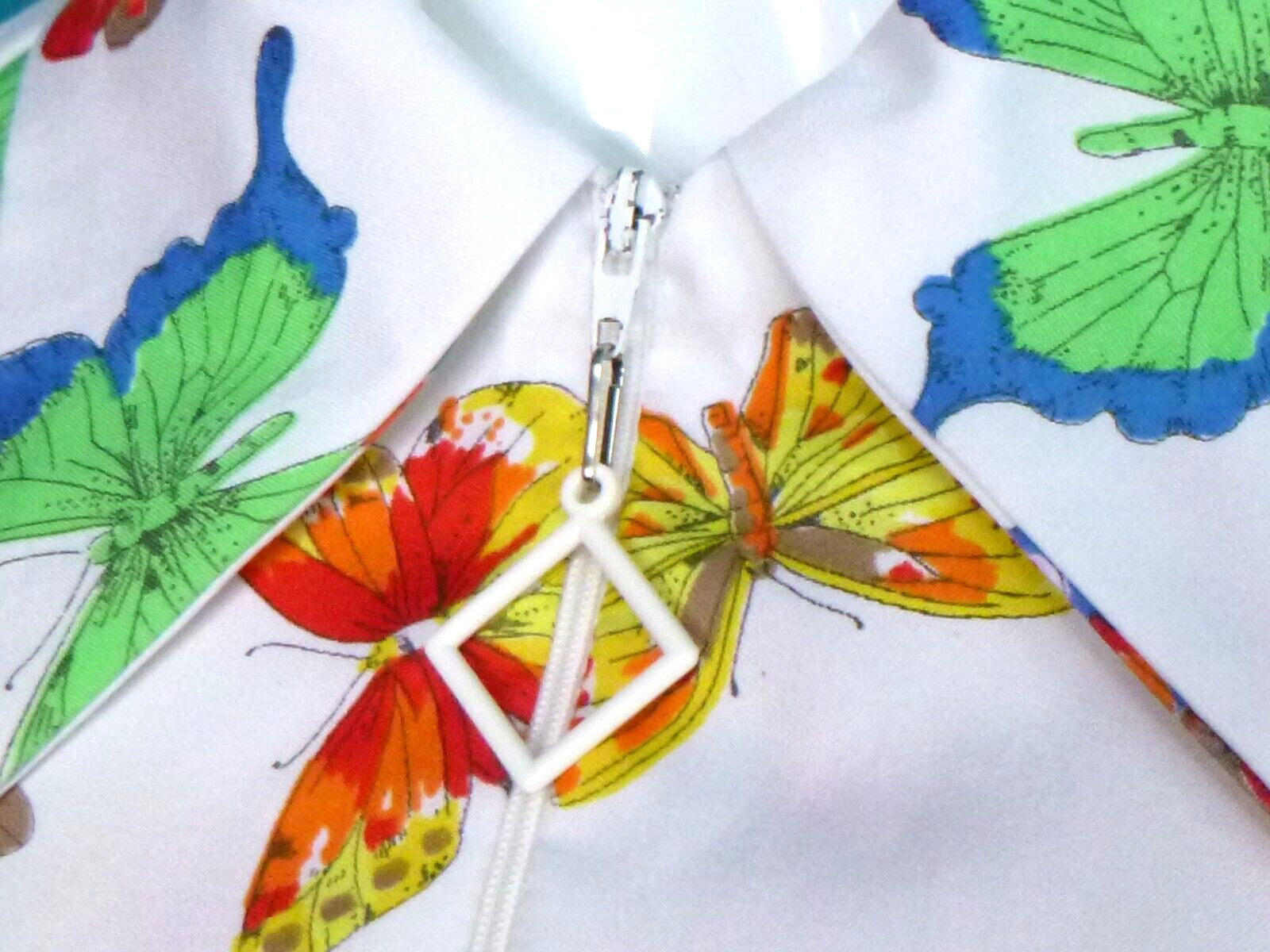 Vtg 70s NPC Fashions Zip Front Woven Poly Shirt Top Colorful Butterflies Sz 34