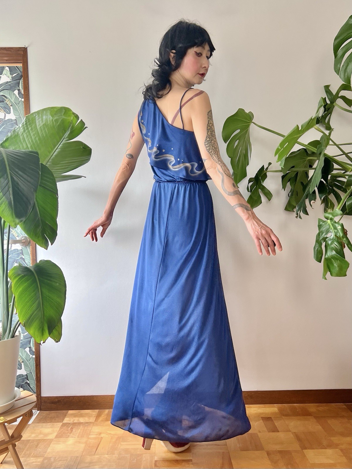 VTG 70s Disco Maxi Dress Airbrush Paint One Shoulder Gown S/M Studio 54 Dress