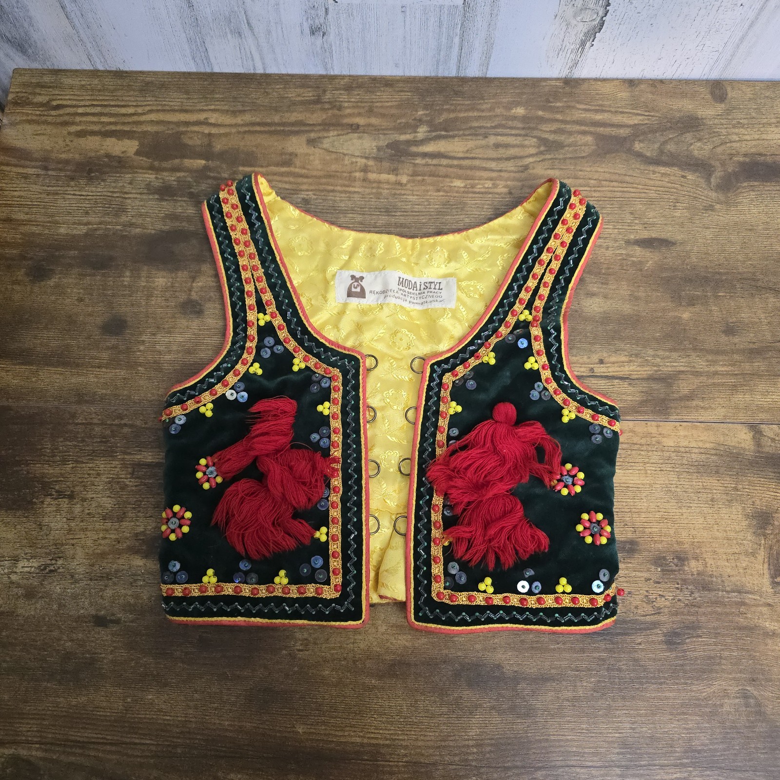 Vintage Eastern European Polish Corset Beaded Vest green Velvet beaded Sequins