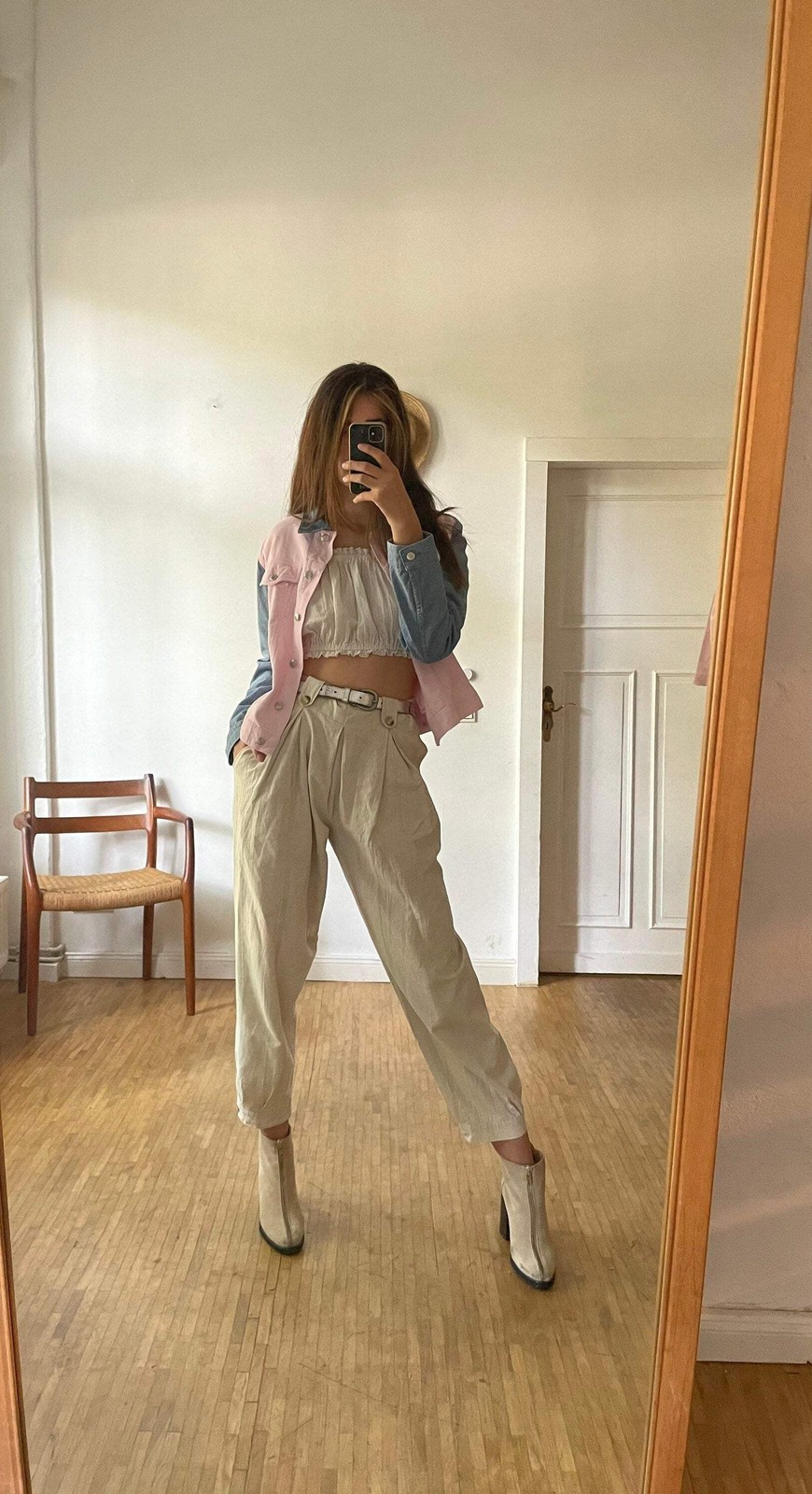 Escada sport denim jacket, Baby pink and light blue summer coat, Vintage high en