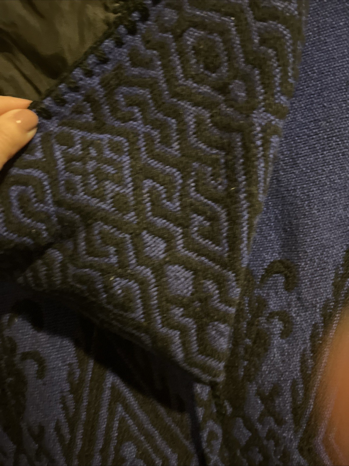 Vintage Woman’s Knit Crocheted Blue & Black Poncho Jacket Wool Cotton Lined