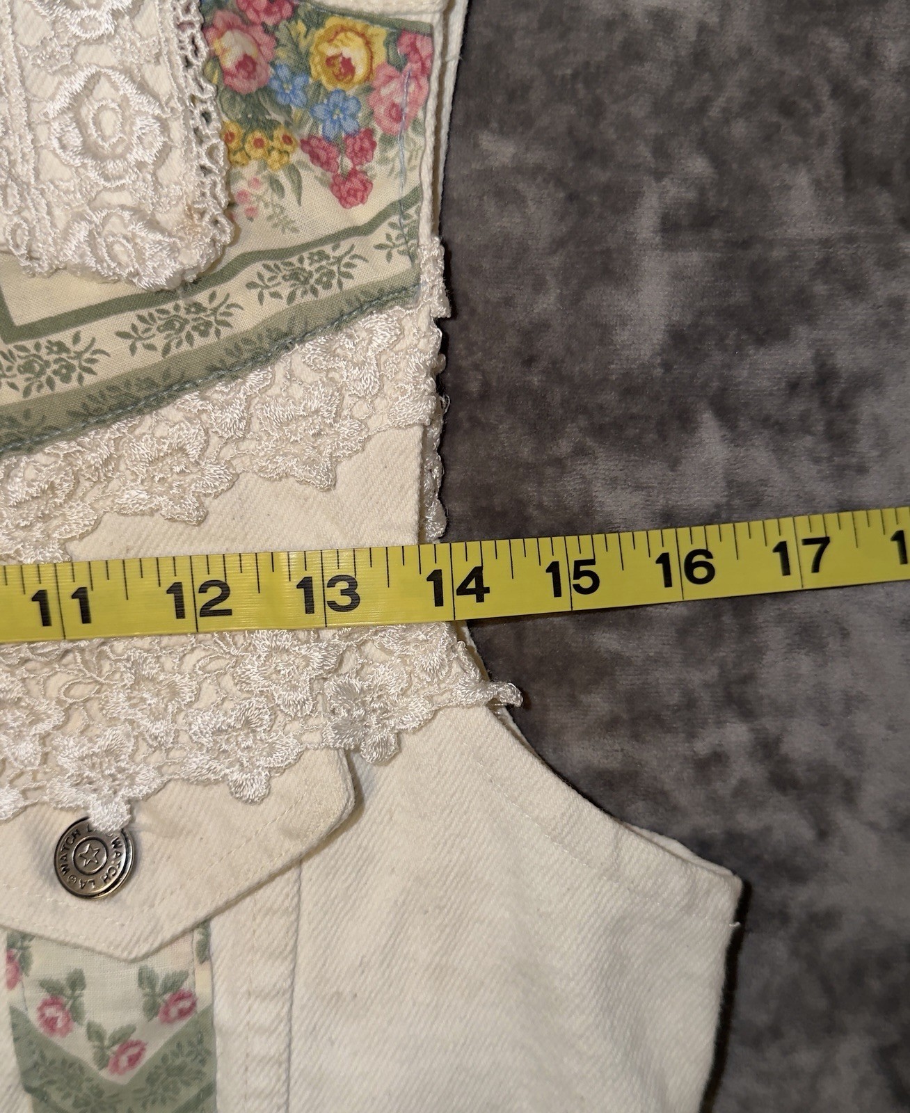 Vintage Watch L.A. Western Denim Vest with Floral Print and Lace Fringe 80s-90s