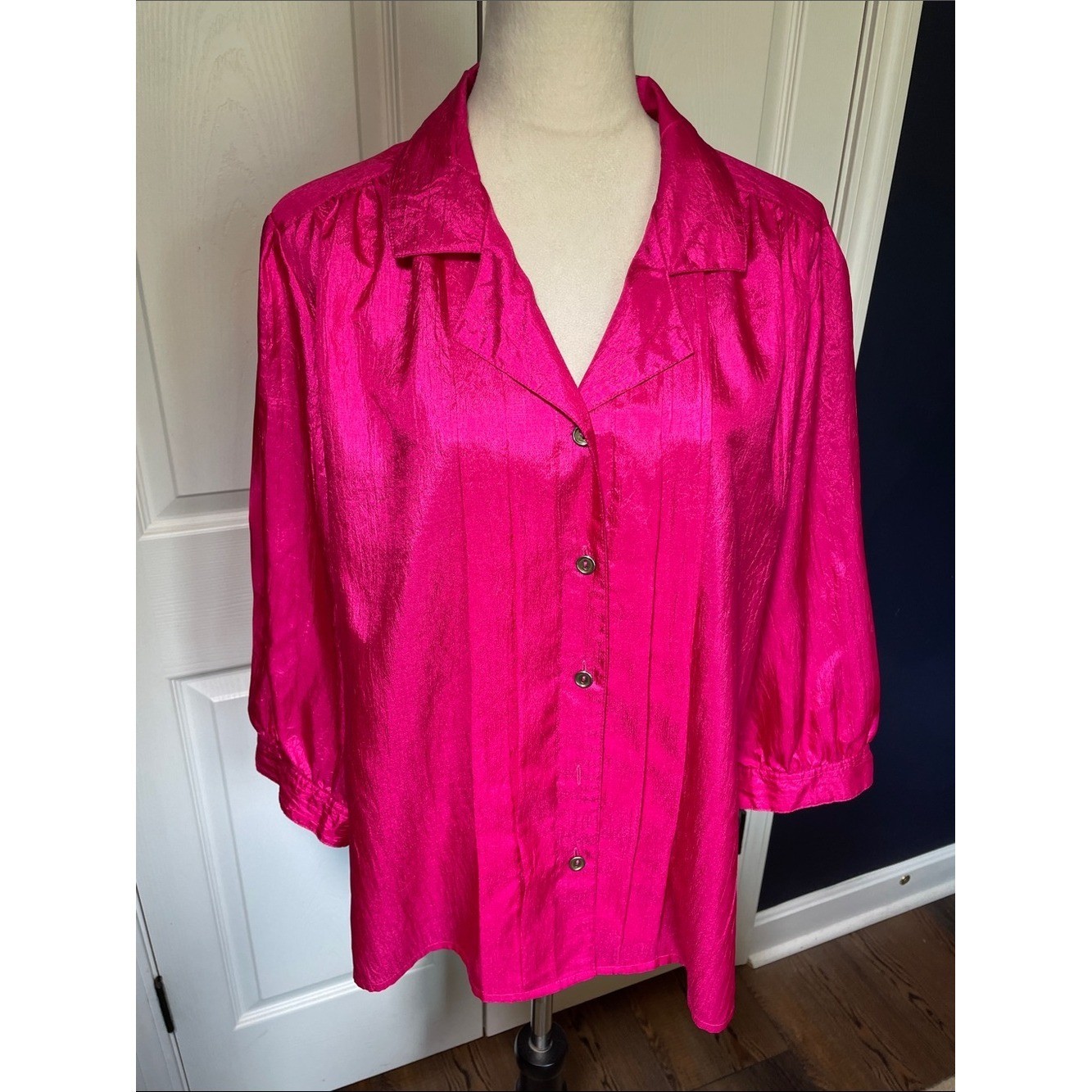 Vtg Laura & Jayne Two Fuchsia Pink Pleated Blouse Shantung Crinkle Shirt 80s 90s