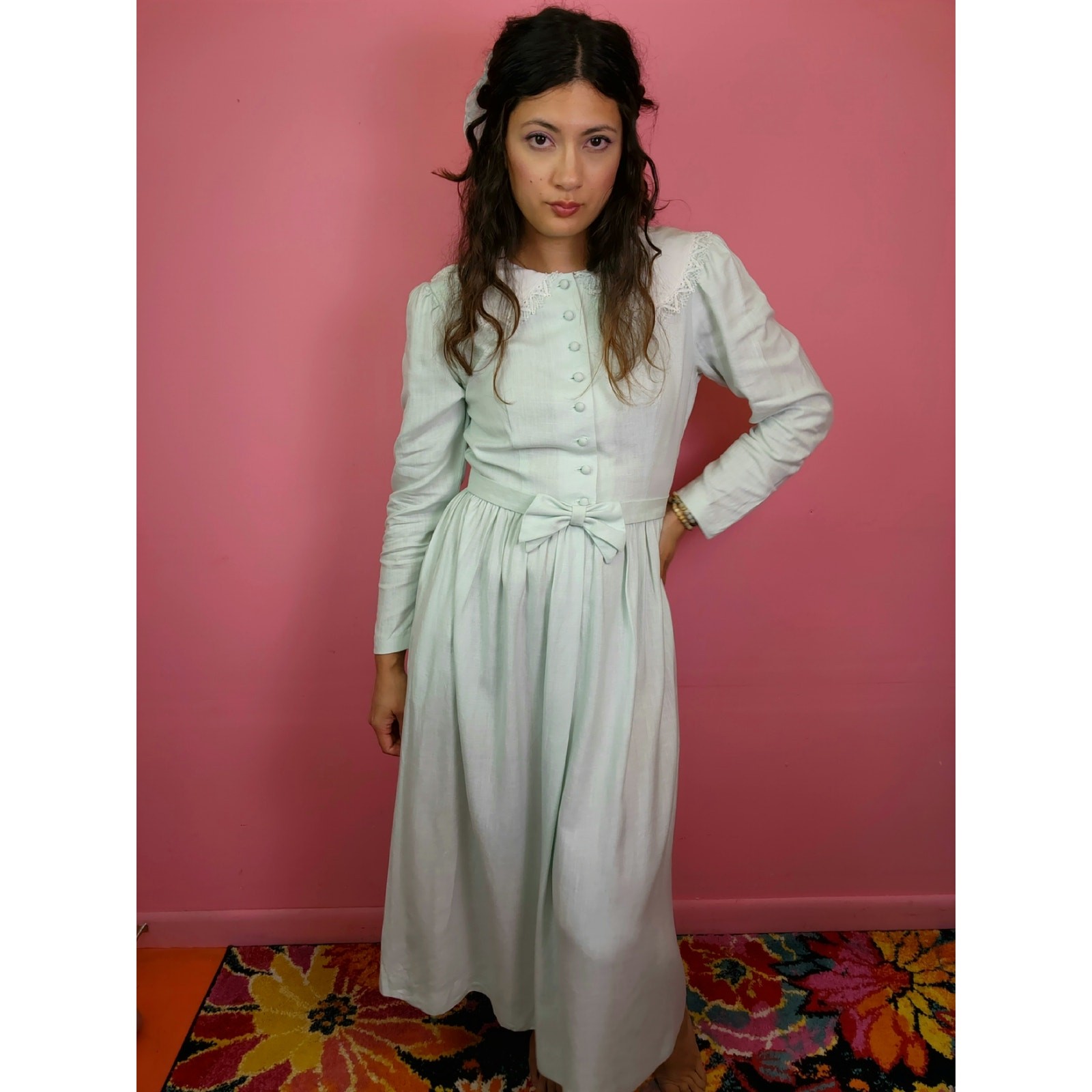 Vintage 1990’s Lanz Originals Seafoam Mint White Lace Collar Button Up Dress