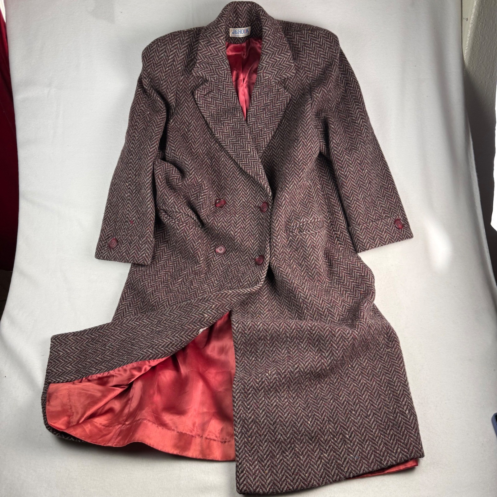Vintage J.G. Hook Burgundy Herringbone Wool Double Breasted Overcoat USA Made