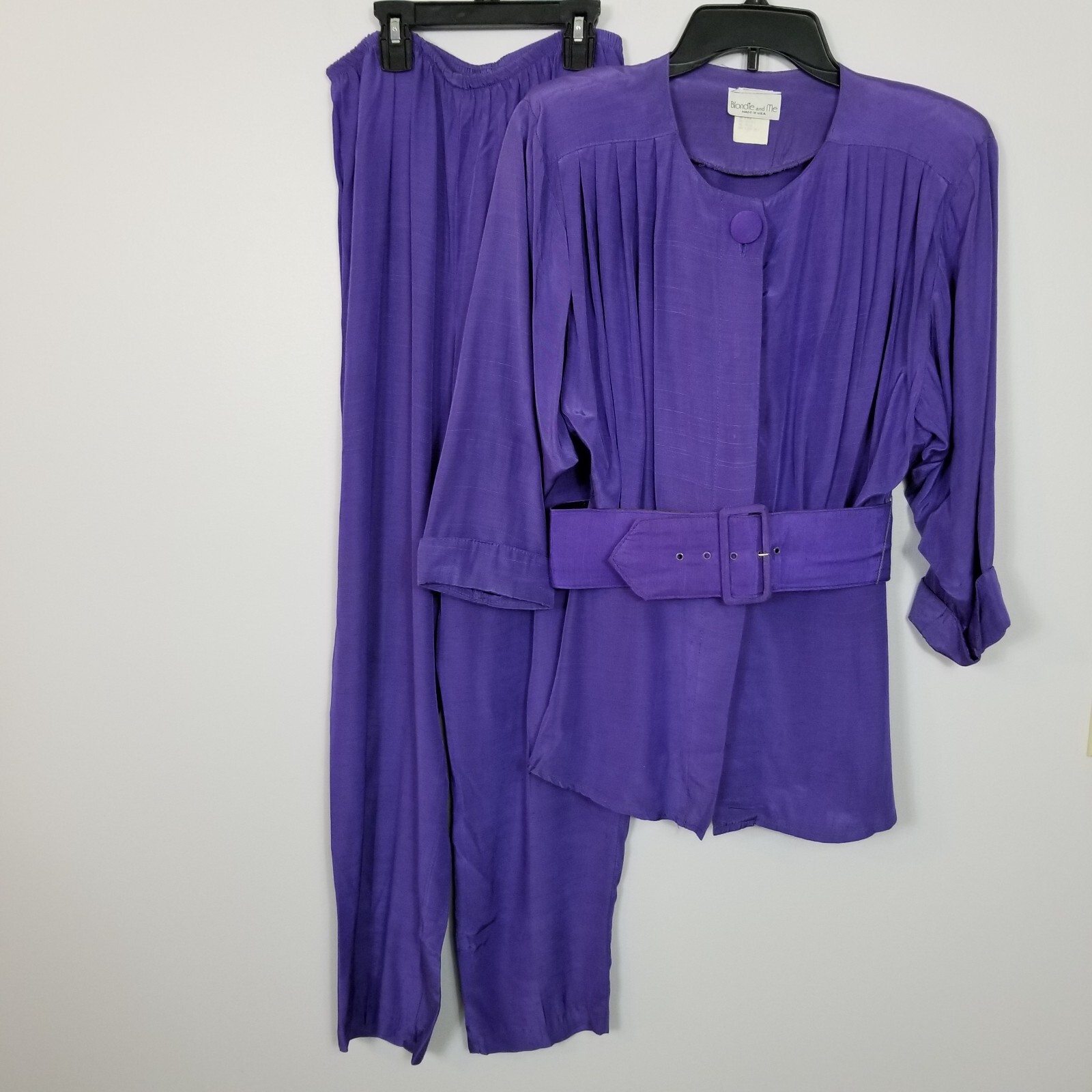 Vintage 80s BLONDIE AND ME Slub Weave Wide Belt Pant Suit Purple Size 9