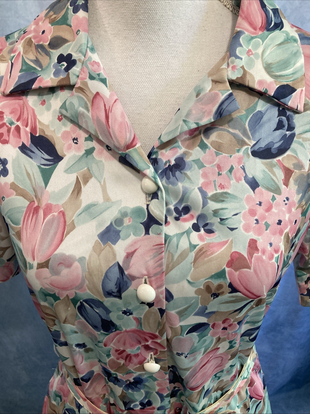 Vtg BLAIR Floral Shirtdress Pastel Pink Blue Midi Dress 80s Does 70s Style XS