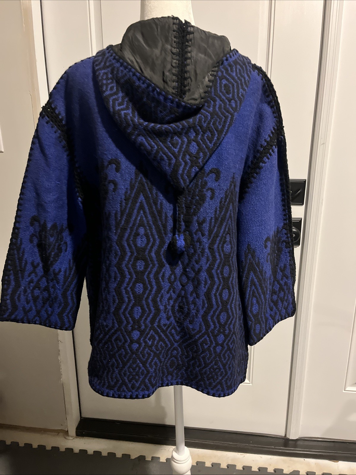 Vintage Woman’s Knit Crocheted Blue & Black Poncho Jacket Wool Cotton Lined