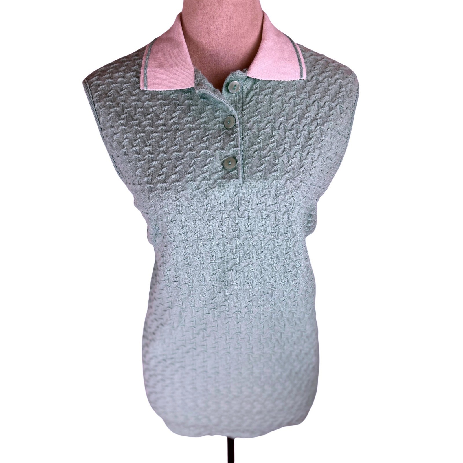 Donnkenny Classics Women’s Sleeveless Polo Textured Knit Mint Pink Shirt sz L
