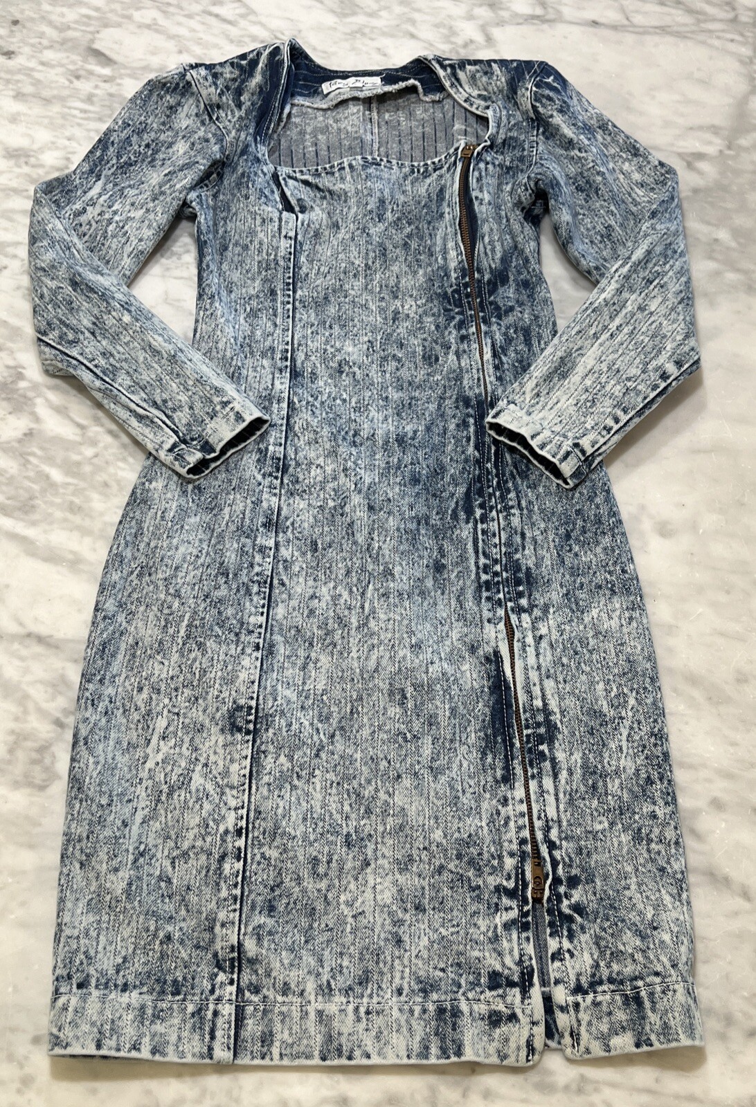 Vintage Paris Blue Dress Small Acid Wash Denim Full Zipper Long Sleeve Bodycon