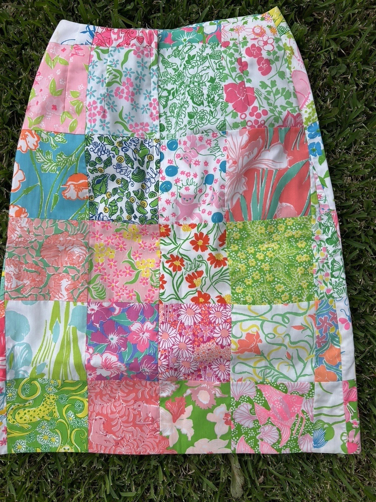 VTG Lilly Pulitzer Sportswear 70s Patchwork Midi Skirt 6 Novelty Floral Animal