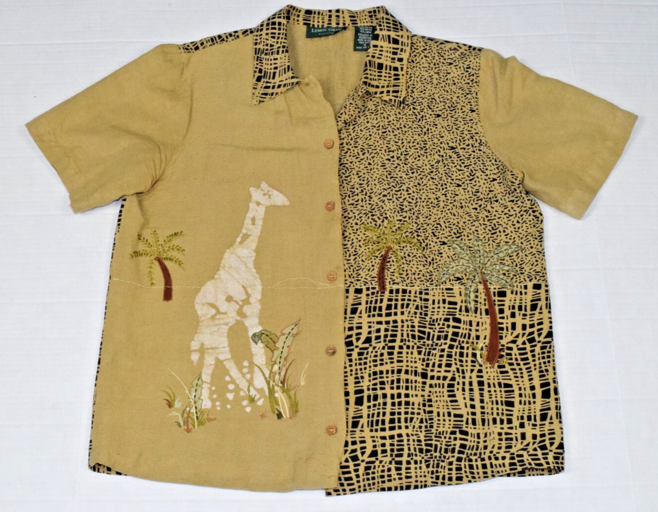 Vintage Safari Shirt Lemon Grass Studio Size S 90s Giraffe Print Sandy Beige