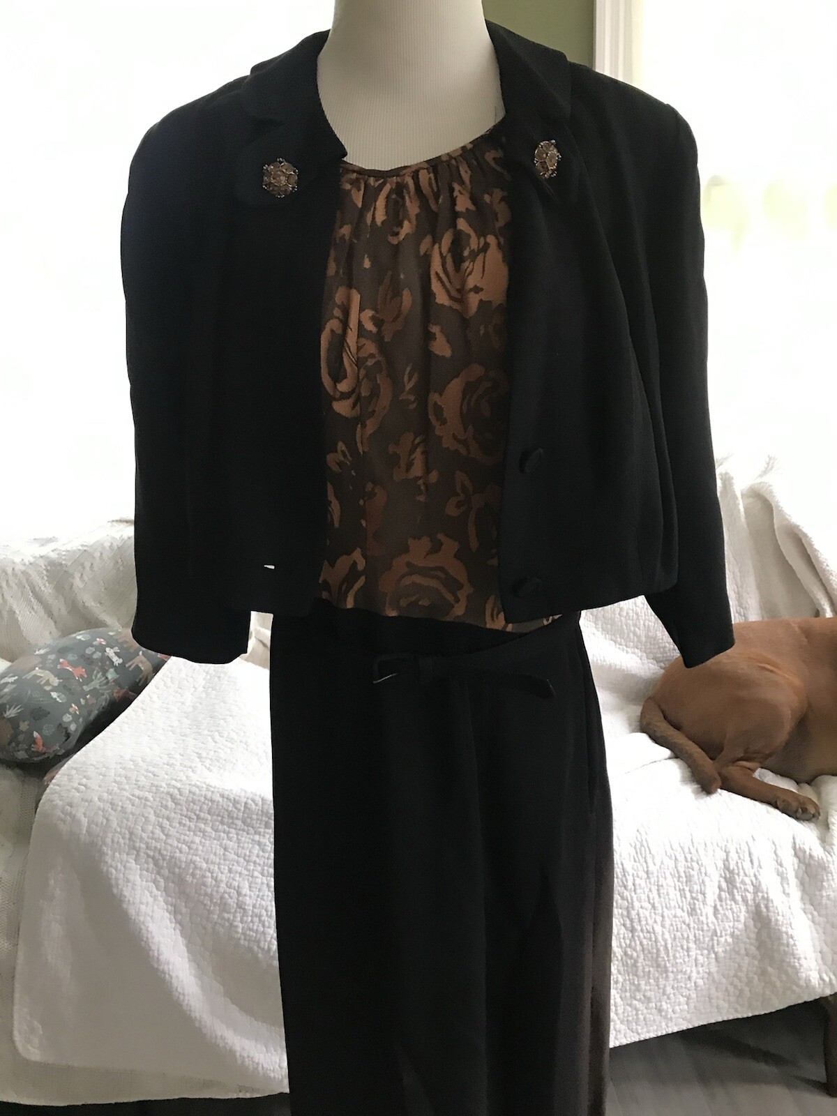 Gorgeous 1940s Two Piece Dress Jacket Set Brown Raised Velvet B46 W34 Vtg