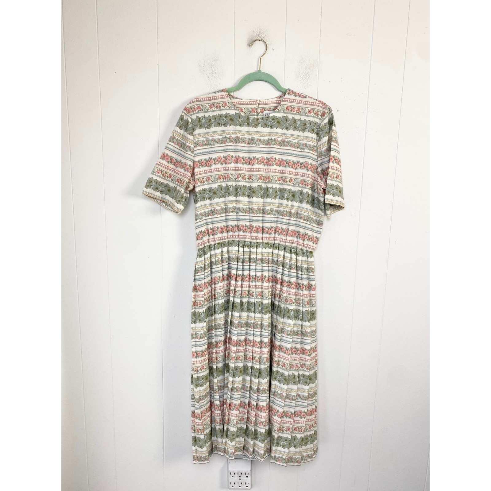 VTG Terri Ellen Womens 12 Floral Stripe Midi Dress Pink Green Cottagecore