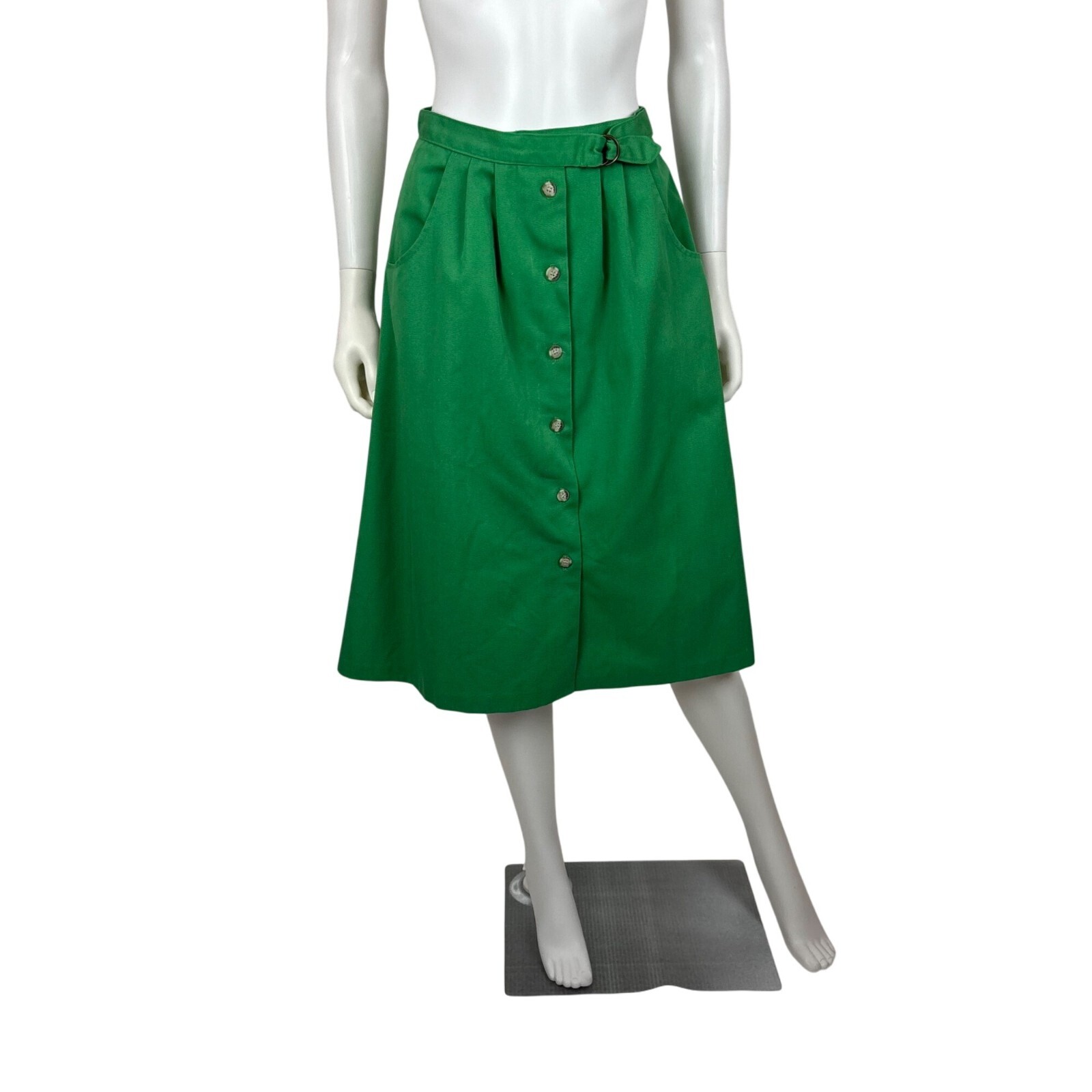 Vintage 80s Green Skirt Womens Extra Small Button Up A Line Buckle Waist