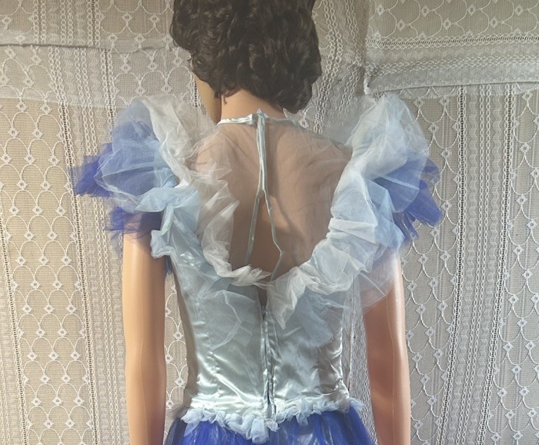 Vintage Tulle Ball Gown 34″w Theatrical Drama Ruffle Dress, Blue 80s 50s Prom