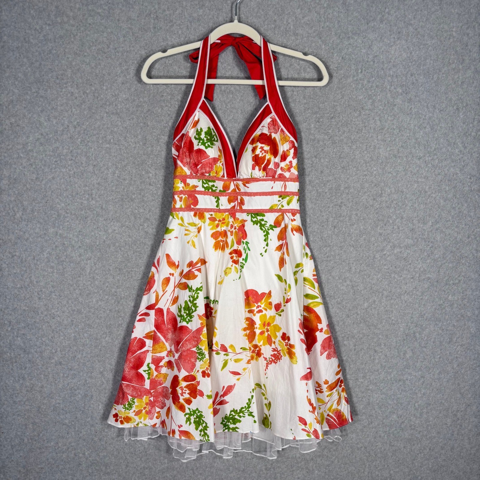 Y2K Vintage Babydoll Halter Dress Size 9 Floral Rockabilly Tulle Pinup Feminine