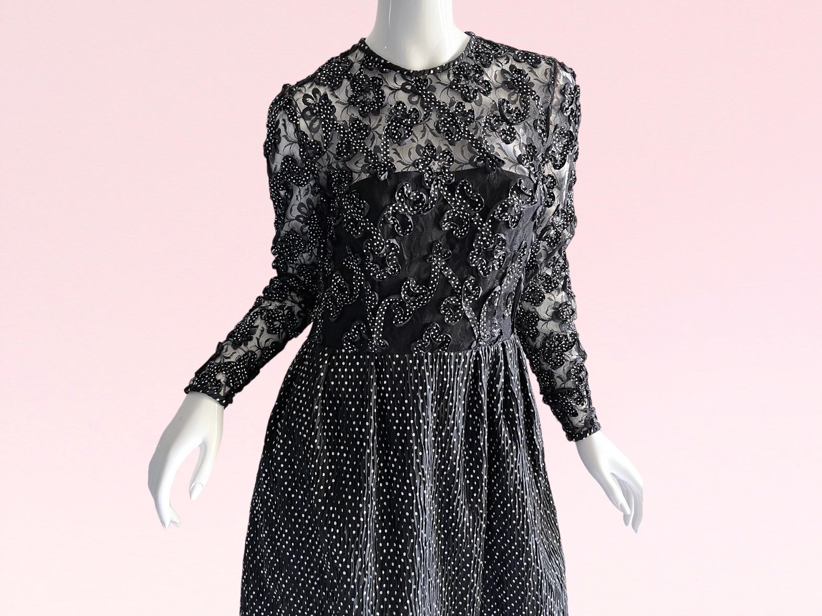 1980s Vintage Stanley Platos Designer Lace Ribbon Pleated Cocktail Party Dress S
