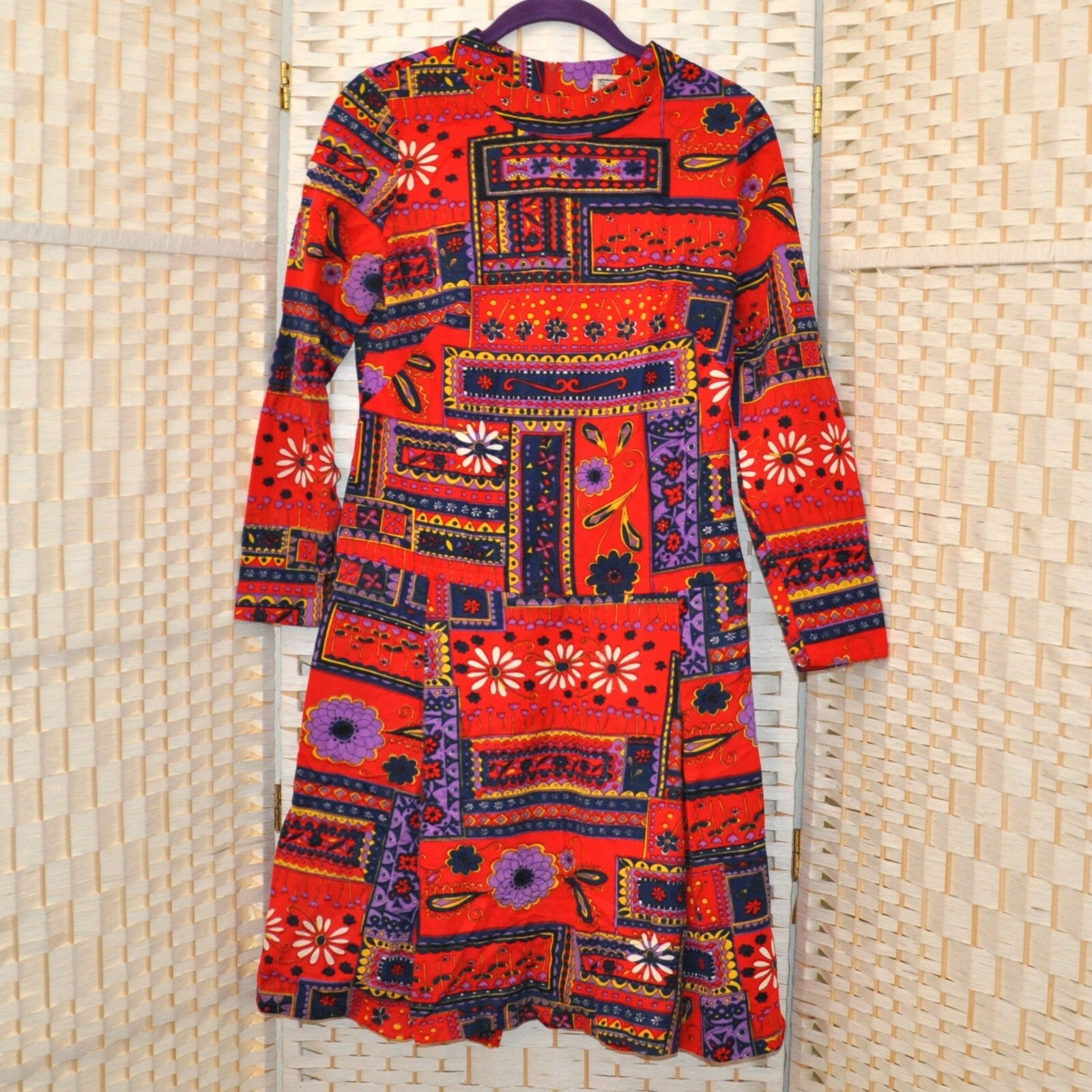 Shelton Stroller VTG Dress Colorful Red Navy Flowers Pleated Low Waist Size 12