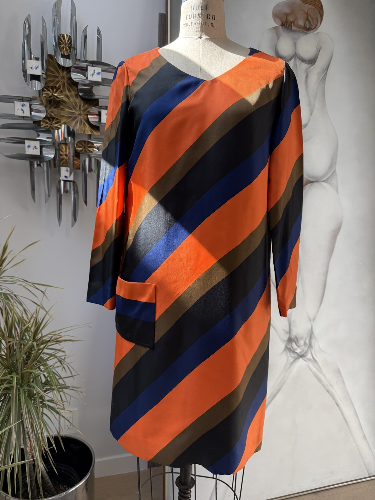 TEAL TRAINA Geoffrey Beene 70s Vintage Striped Silk Blousen Dress Mod