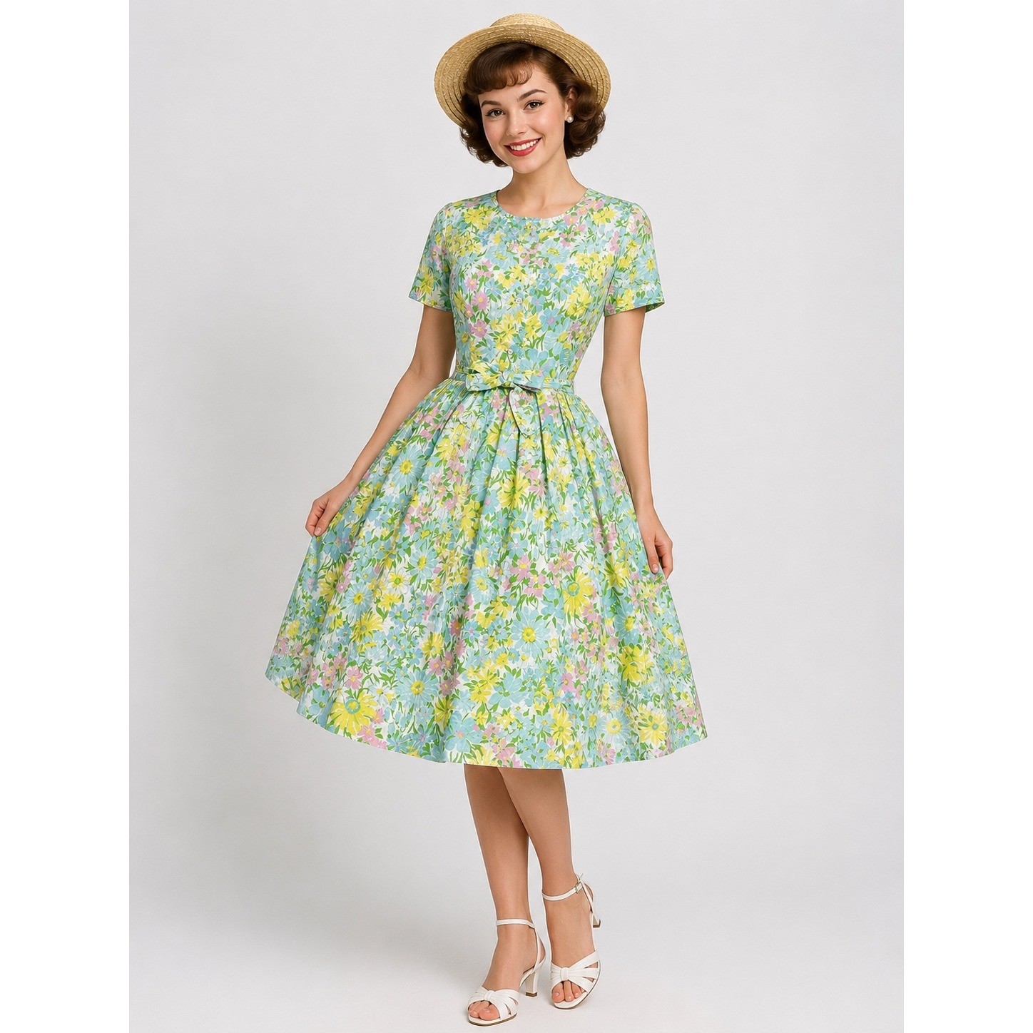 Vintage 1950s Peck & Peck Novelty Floral Print Cotton Dress Pastel Mid-Century