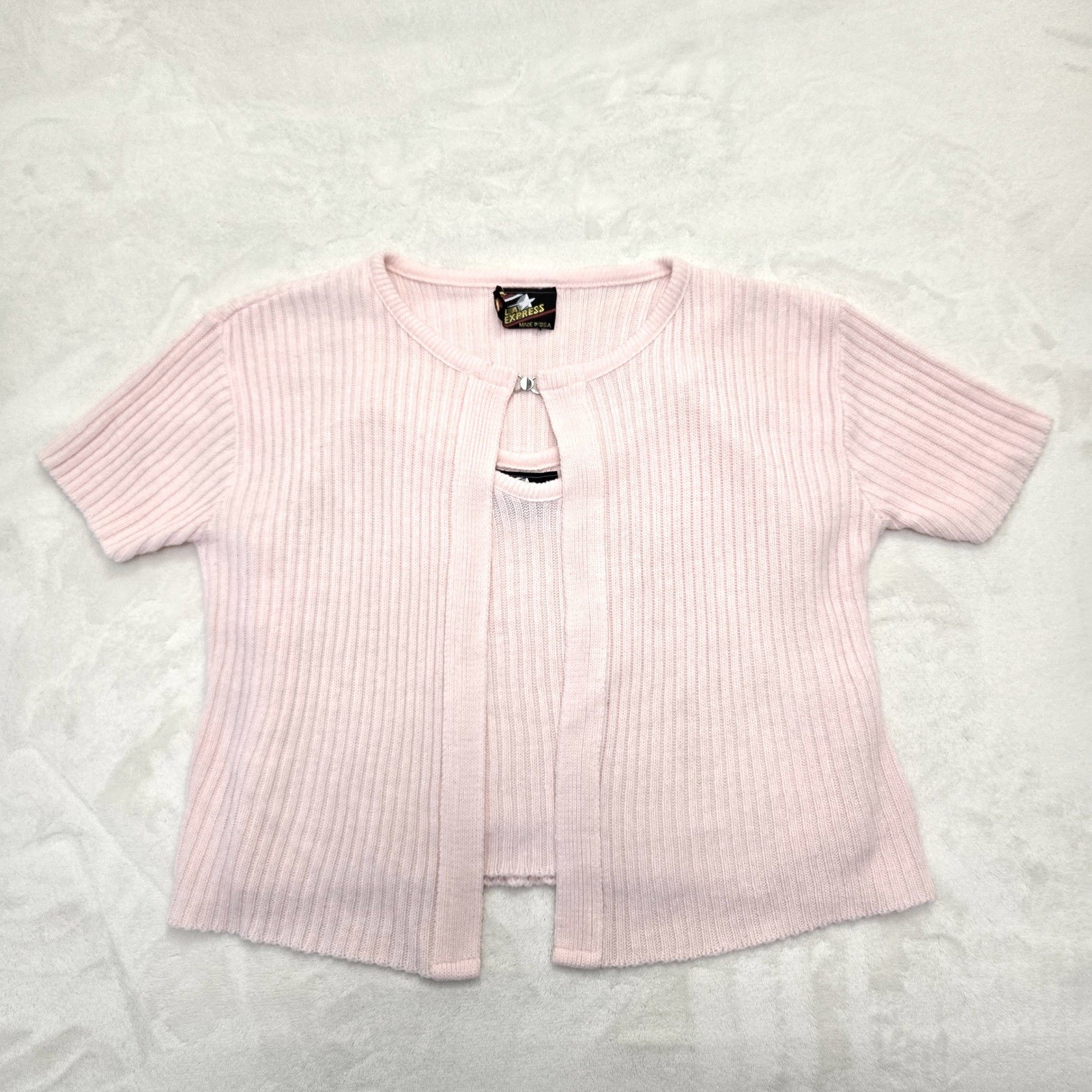 LA Express Vintage 90s Pink Ribbed Short Sleeve Knit Cardigan Tank Set Medium