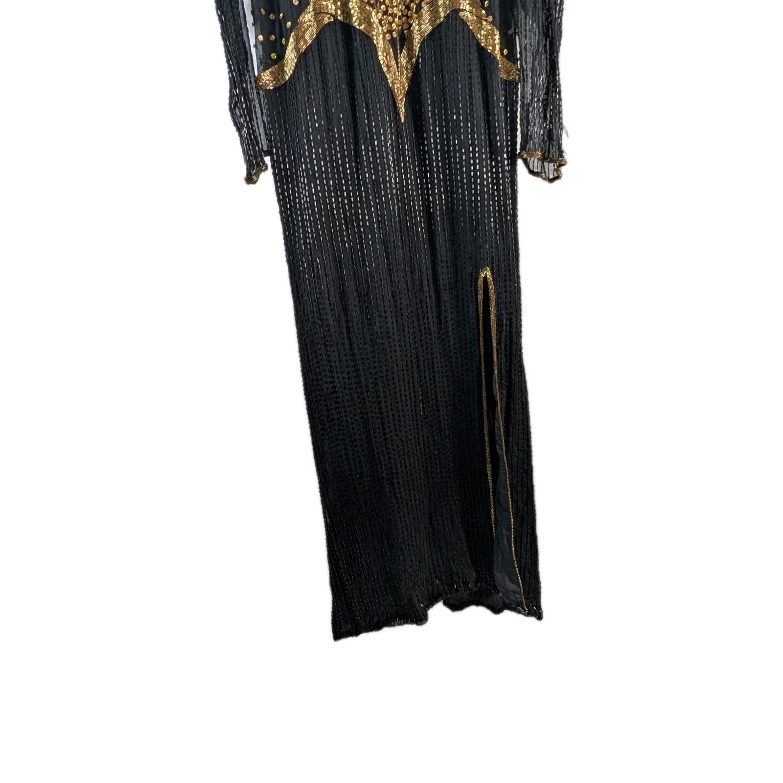 Vtg Landmark Silk Beaded Gown XL, Black Gold Sequin Maxi Dress, Flapper READ