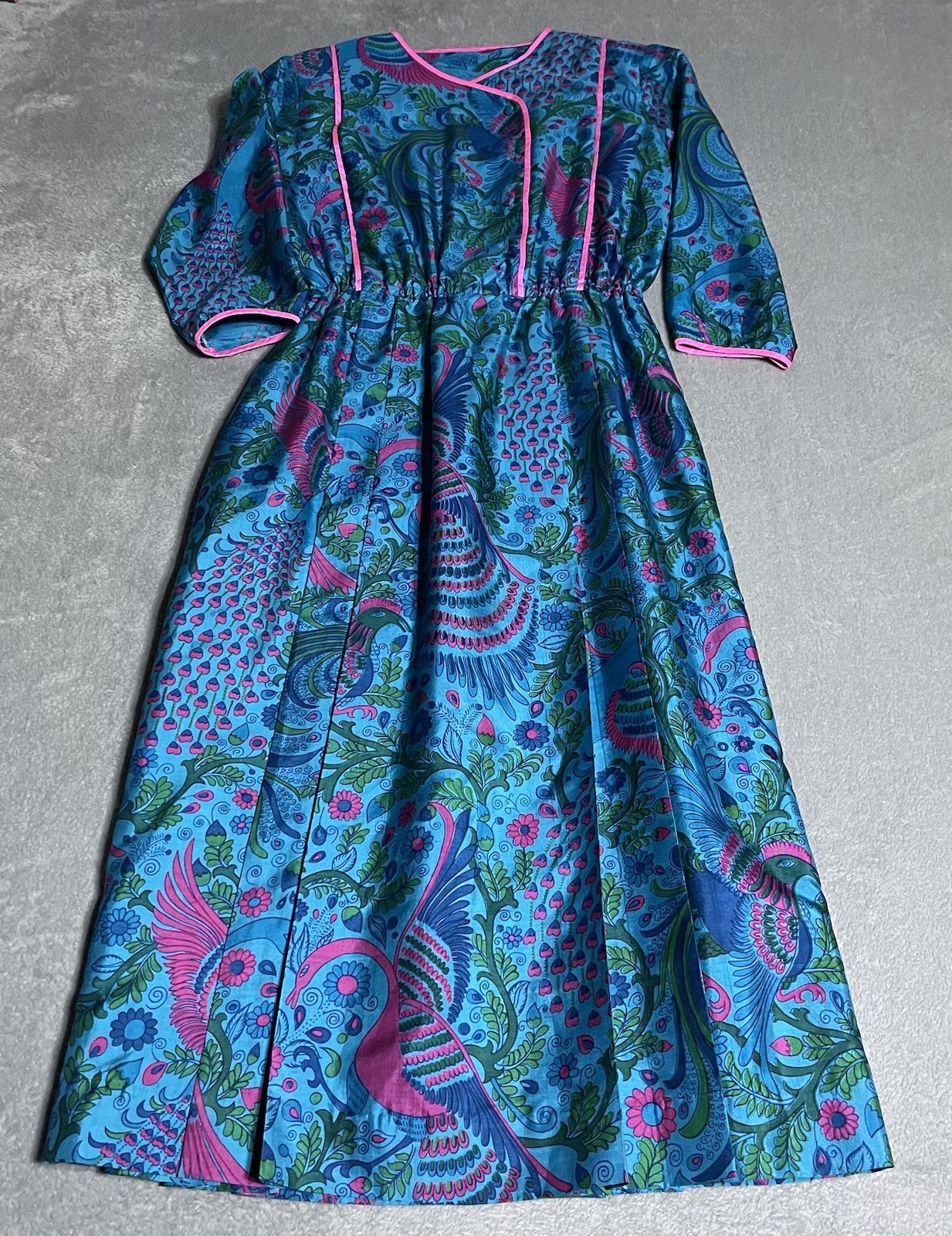 Vintage Kimono Dress Womens Blue Pink Peacock Floral Lined Shoulder Pad Hippie
