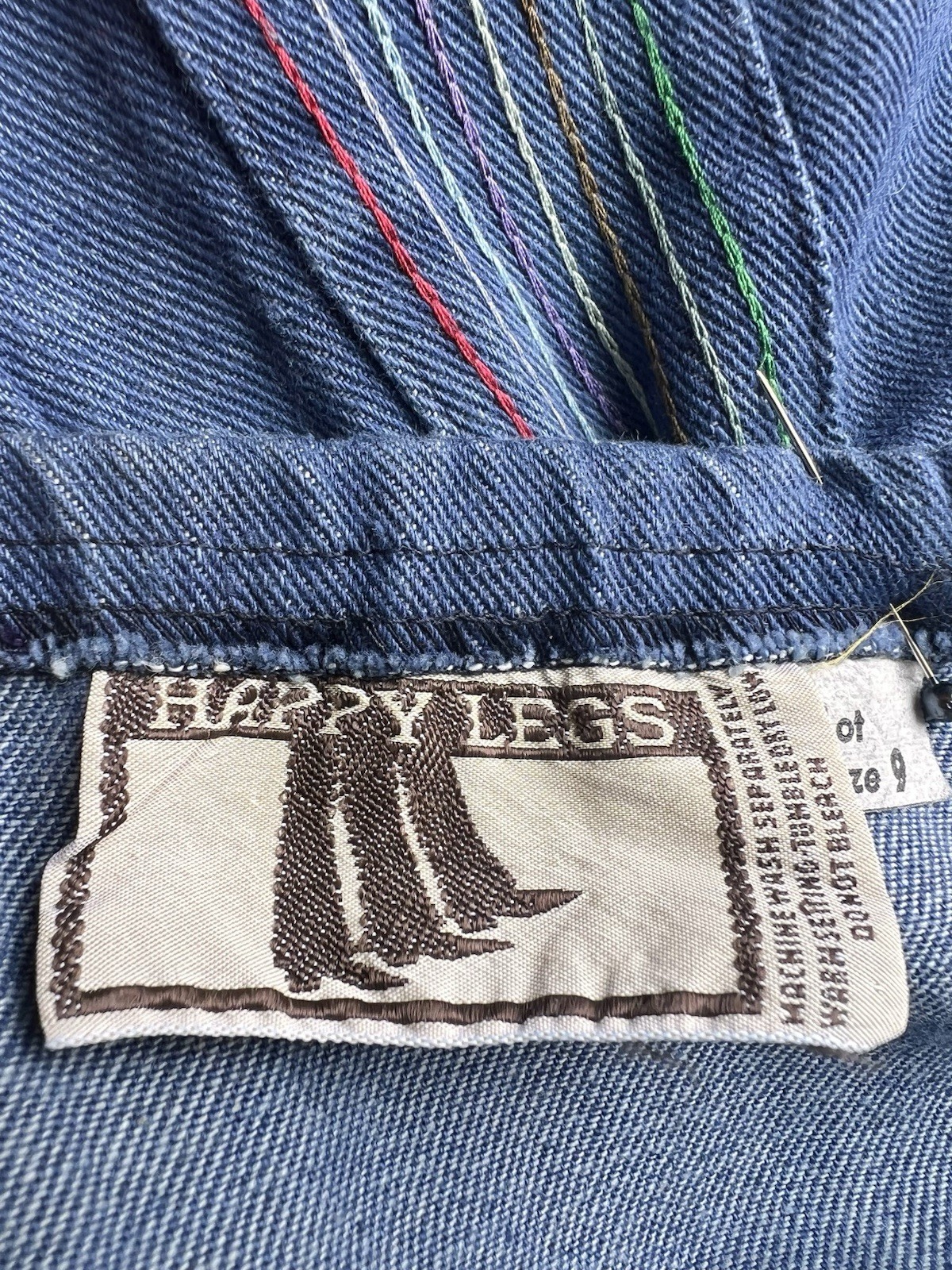 1970s Happy Legs Rainbow Chain Stitch Strapless Denim Jumpsuit Wide Leg XS/S