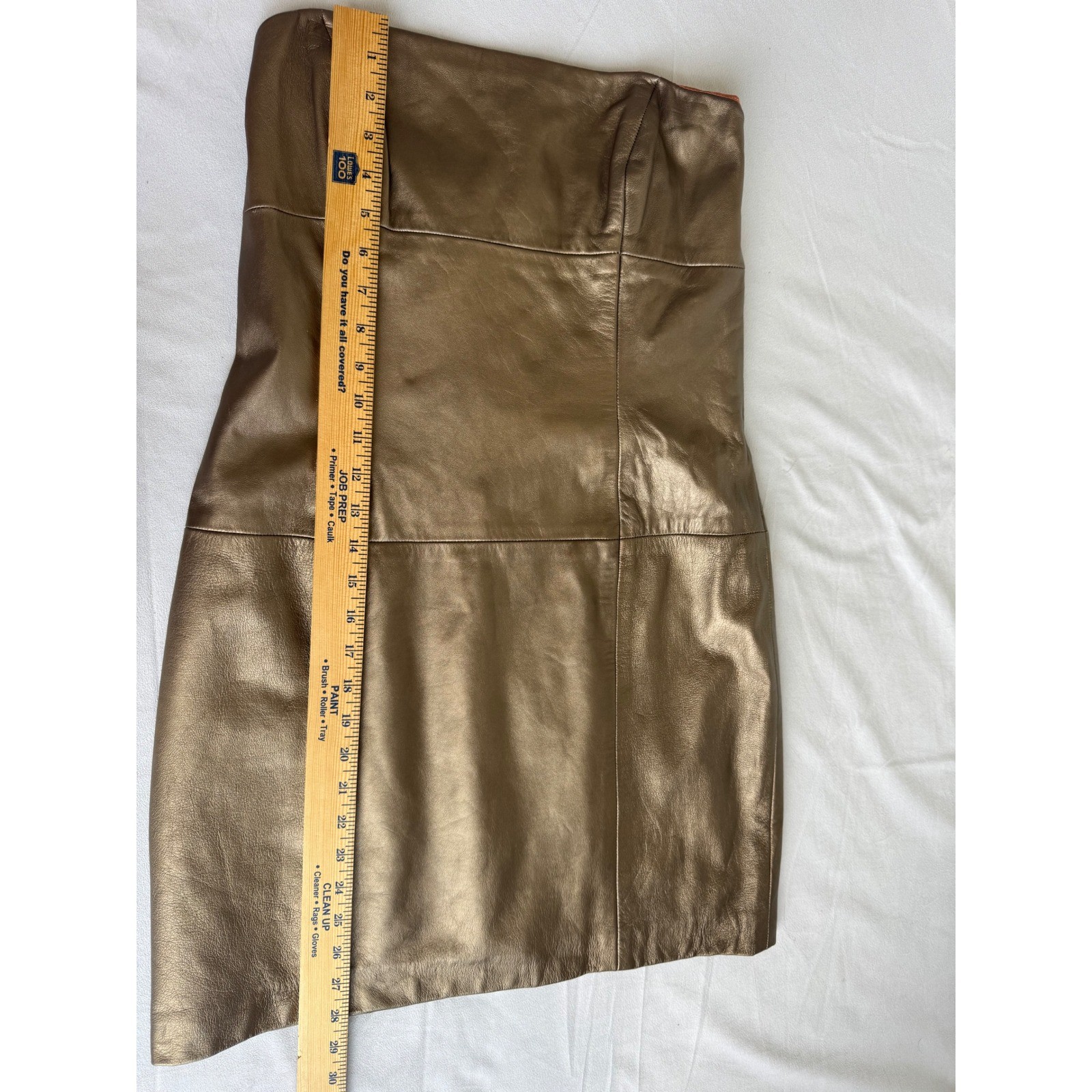 Vintage 100% Lamb Leather Strapless Mini Dress Size 12 Metallic Bronze edgy moto