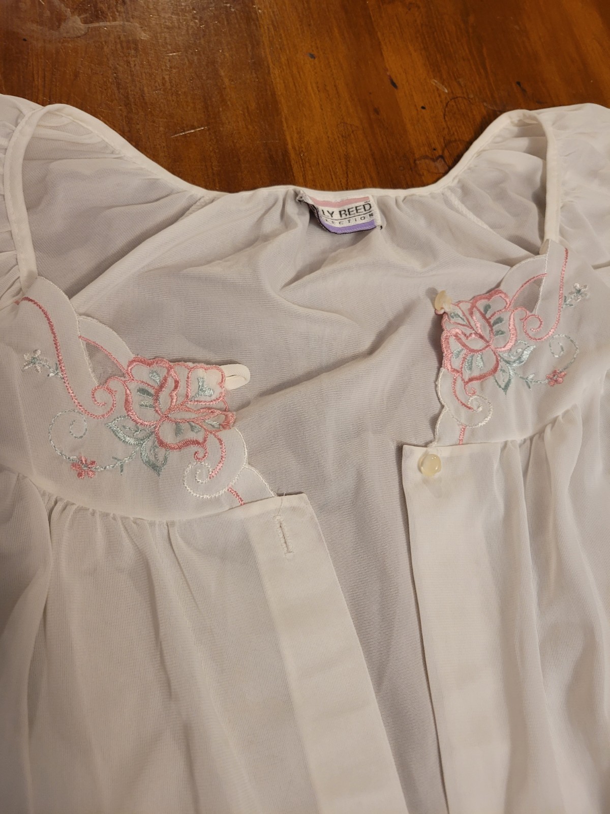 VTG 80s Kelly Reed Made in USA Sheer Chiffon Long Peignoir Robe Embroidered