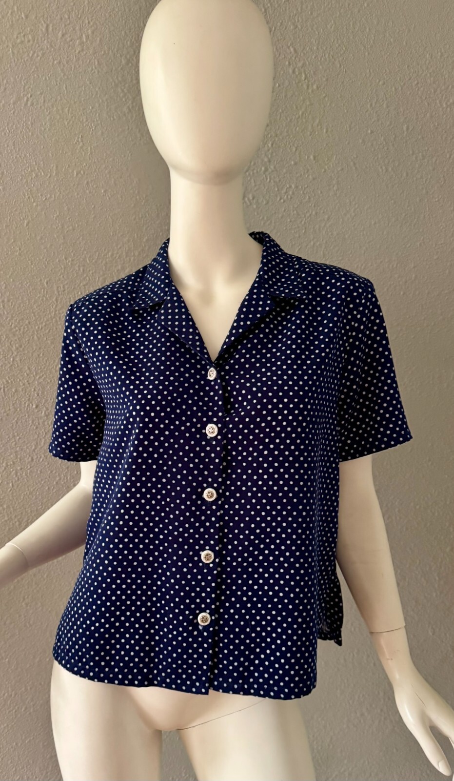 Vintage 80s Navy Blue Polka Dot Nautical Boxy Button Top Blouse M