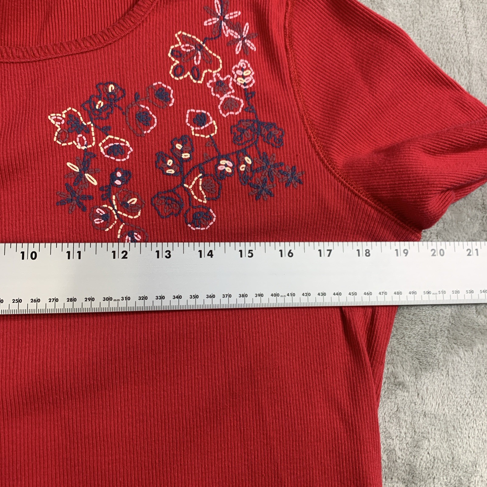 VTG 80’s 90s Ms Lee Top Sz L Red Puff Paint Floral Lettuce Hem Cottagecore Rodeo