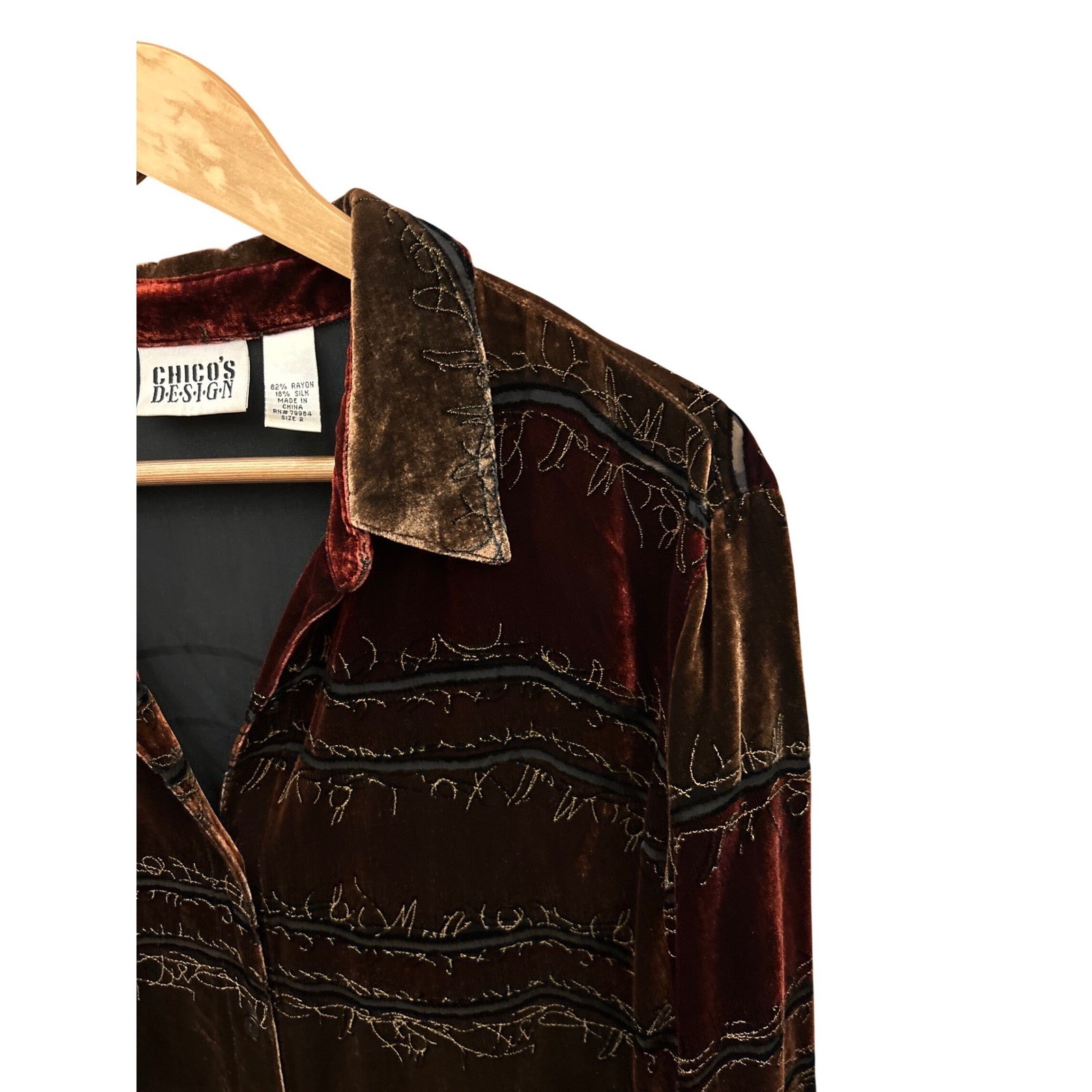 90s Chicos Design Silk Velvet Button Down Whimsigoth Art to Wear Shirt Burgundy