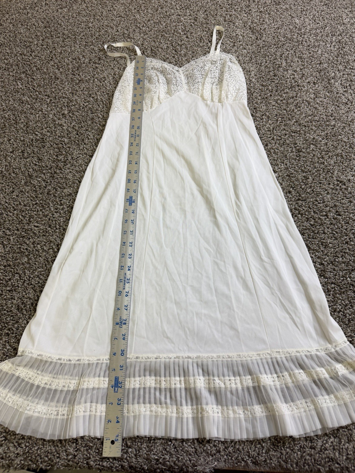 VTG Ivory Lace Slip Dress Size 36 Pleated Ruffle Hem Nylon Bridal Midi Made USA