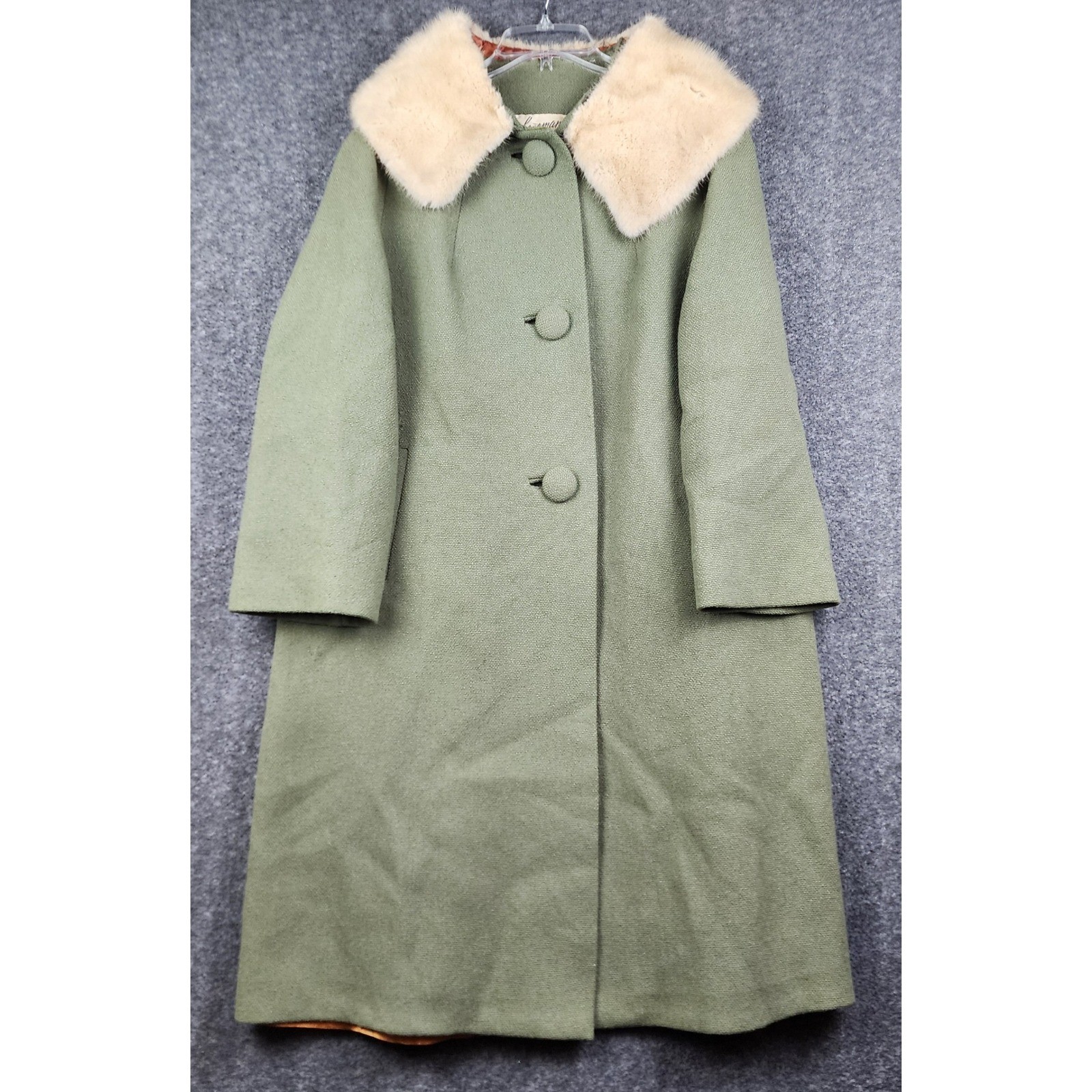 Loveman’s Overcoat Women 38 Green Vintage Fur Collar Wool Longline Jacket