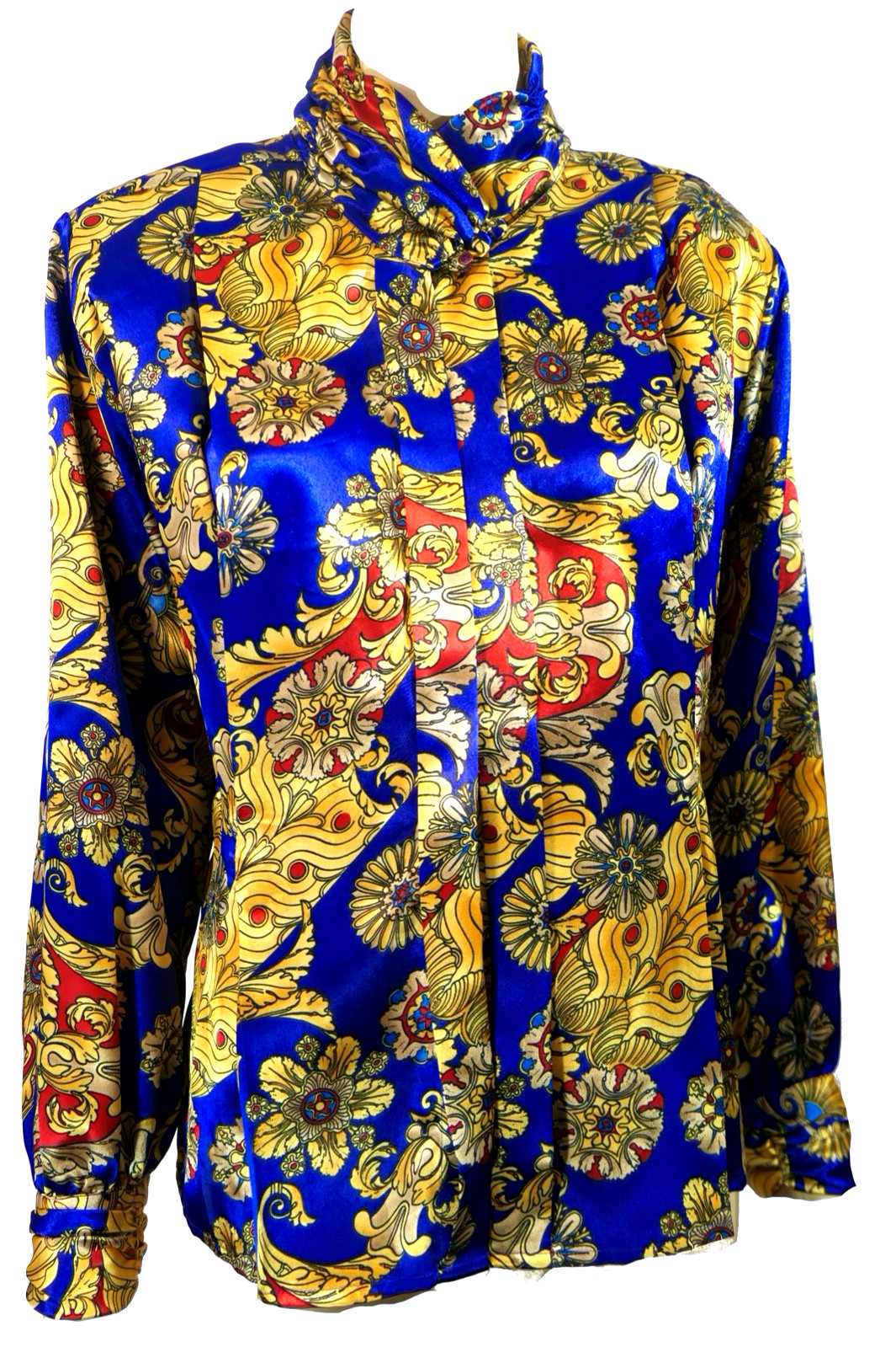 Vintage 80s Pop Op Art David Matthew Cobalt Satin Blouse Top Ruching Size L 12