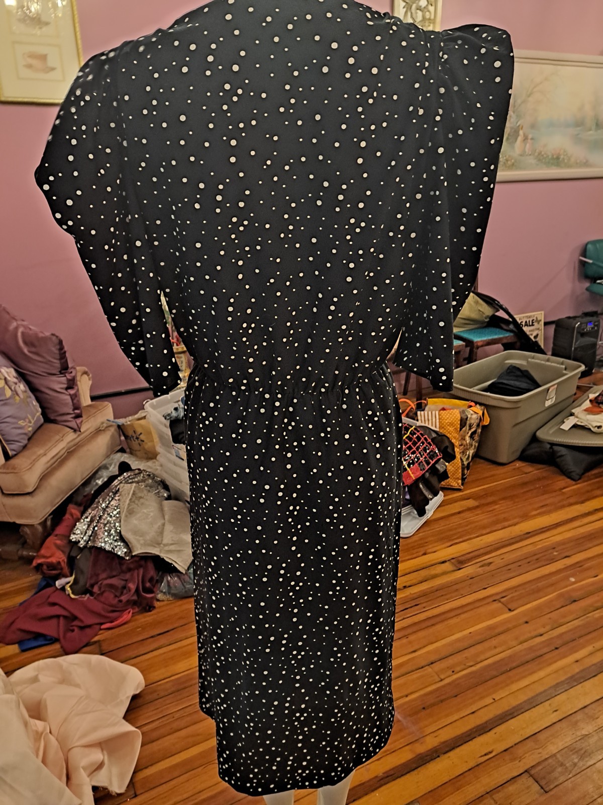 VTG 70s JC Penney Fashions Black & White Polka Dot Below Knee V Neck Dress Sz L
