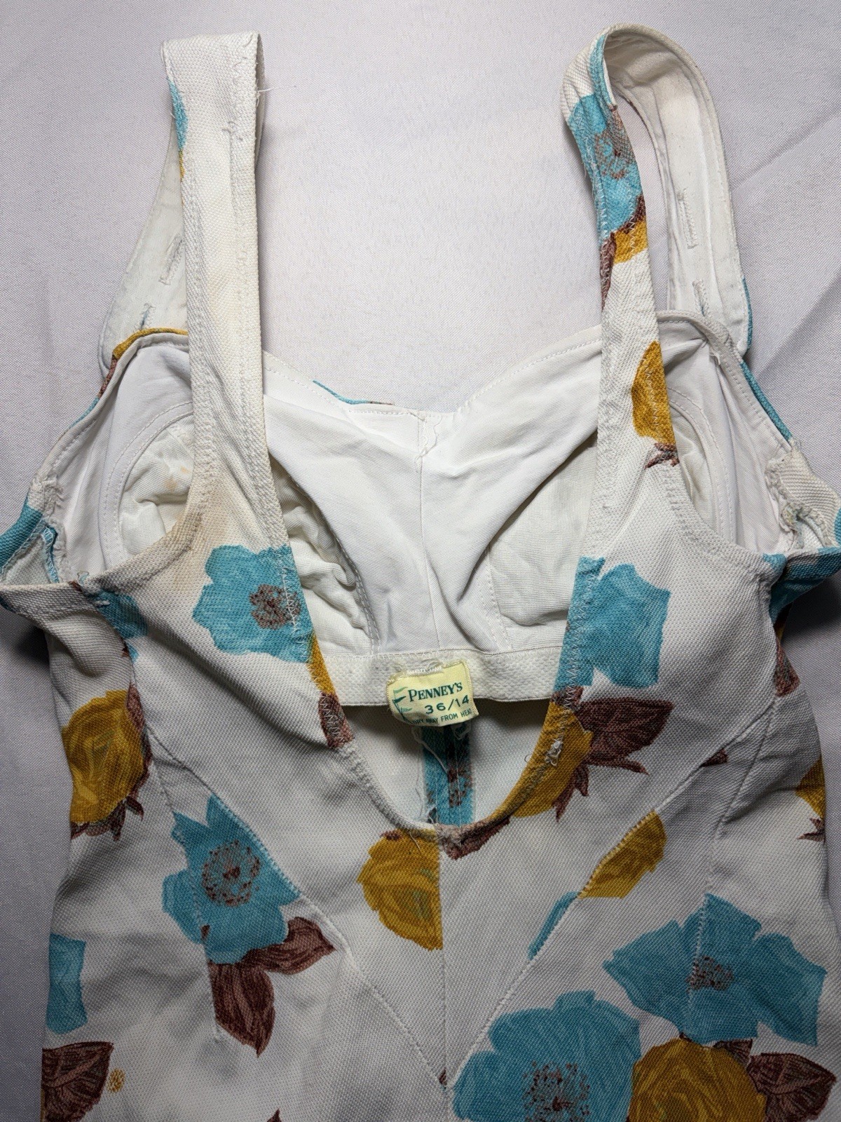 Vintage 1950s White Floral One Piece Swimsuit With Turquoise And Mustard Flowers