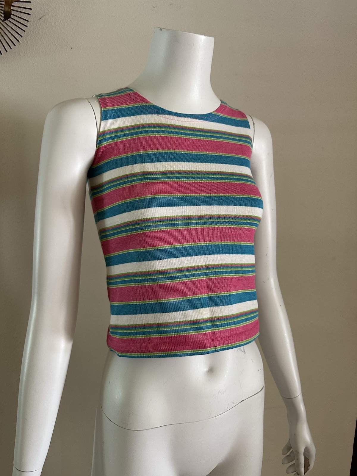 VTG 60s 70s Striped Knit Tank Top Mod Surf Beach Resort Candy Pink Crop XS S