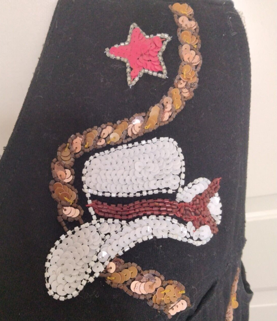 Modi Black Denim with Western Sequin Boots Cowboy Hat Stars Vest Size Medium