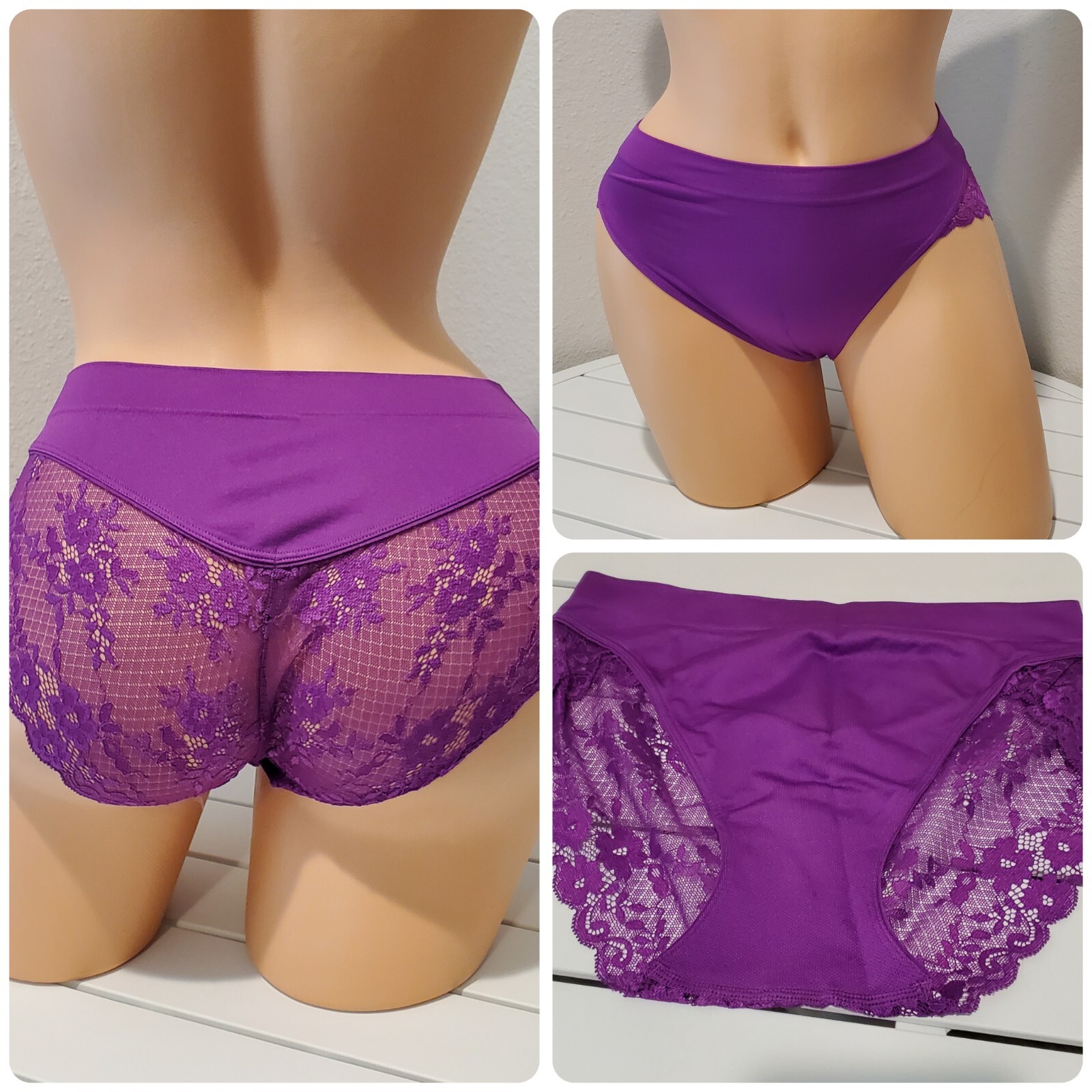 Satin Strech Bikini Panty Nylon Spandex Floral LACE Back 5/S Purple