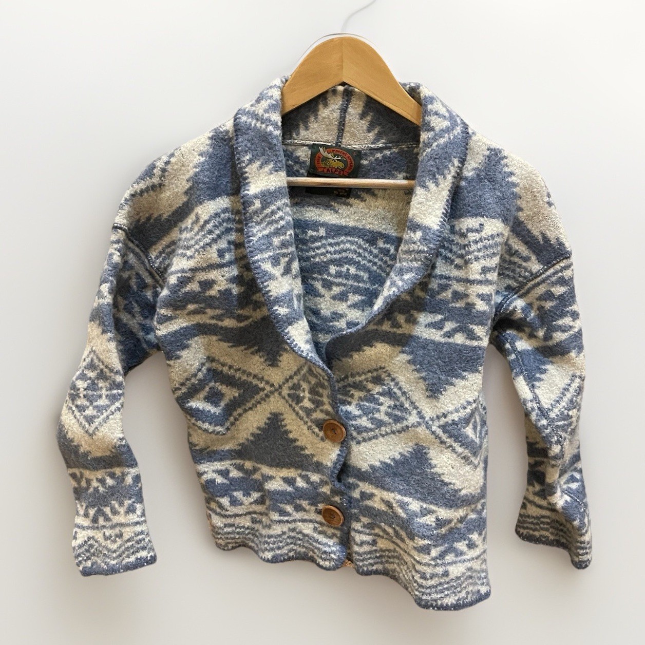 VTG Alps Fine Womens Apparel 100% Pure Wool Felted Blue/White Wood Buttons Sz S