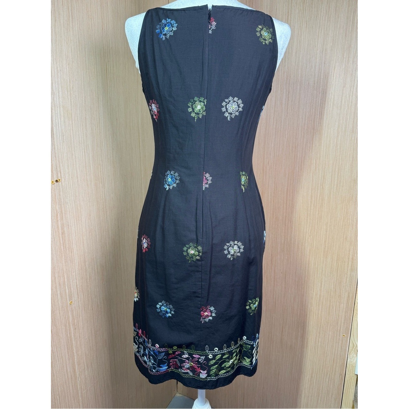 Vintage 1995 Harold’s Little Black Dress Floral Embroidery Side Slit 100% Cotton