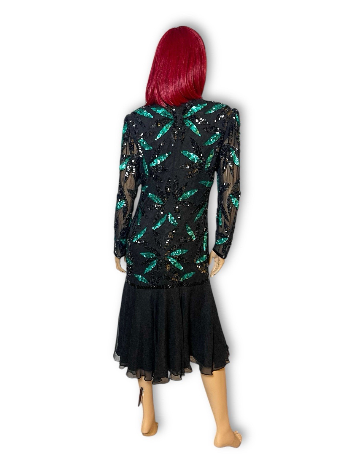 80’s Liz Elana Black and Teal Sequin Cocktail Dress Size M