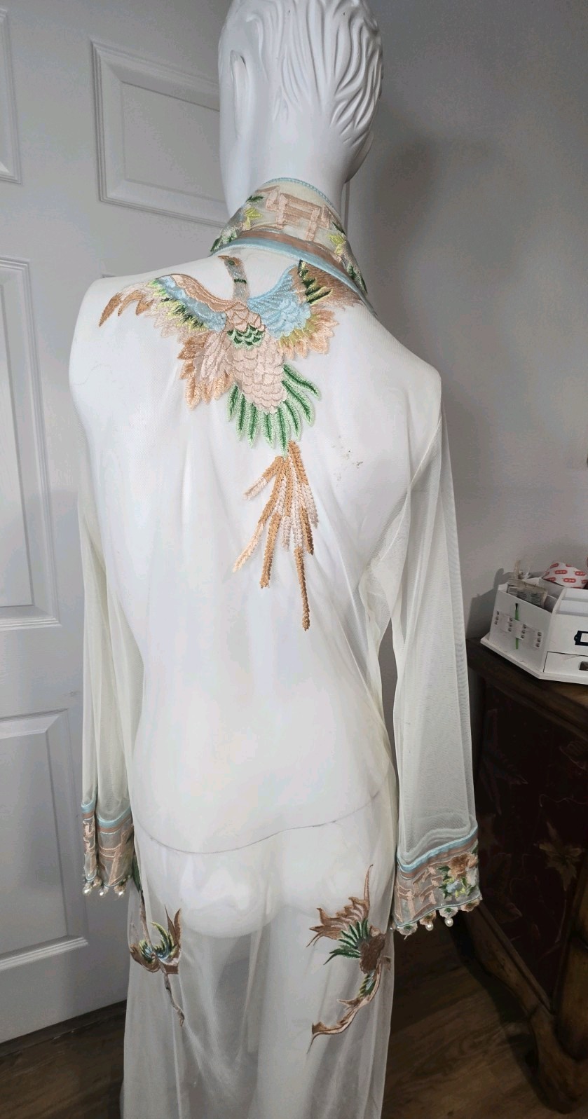 Vintage 20s/30s Sheer Art Deco Asian Style Embroidered Bridal Kinomo Faux Pearls
