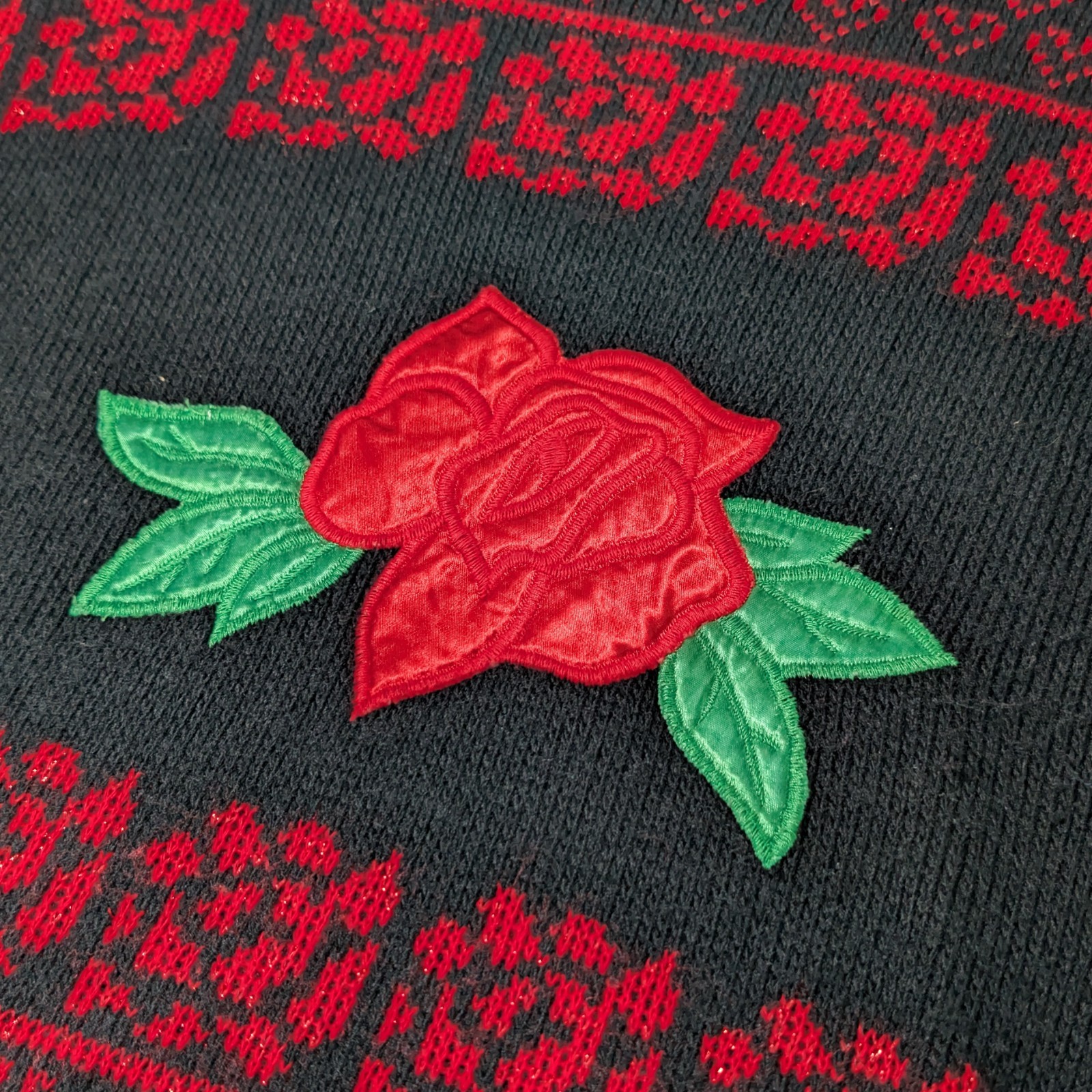 Vintage 80s 90s Adele Knitwear Sweater Roses & Hearts Black Red Shoulder Pads